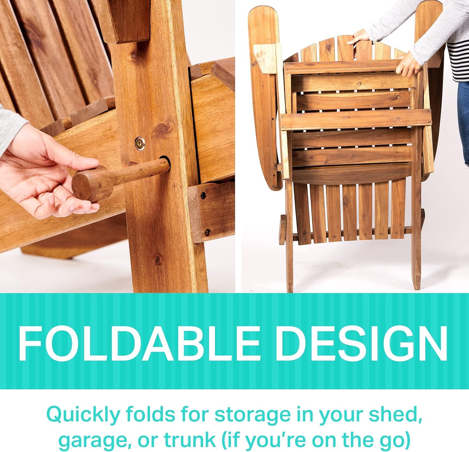 Silla Adirondack de madera maciza natural, silla plegable para hoguera para césped, jardín, patio, balcón y exteriores, sillas de jardín Adirondack plegables con reposabrazos anchos y