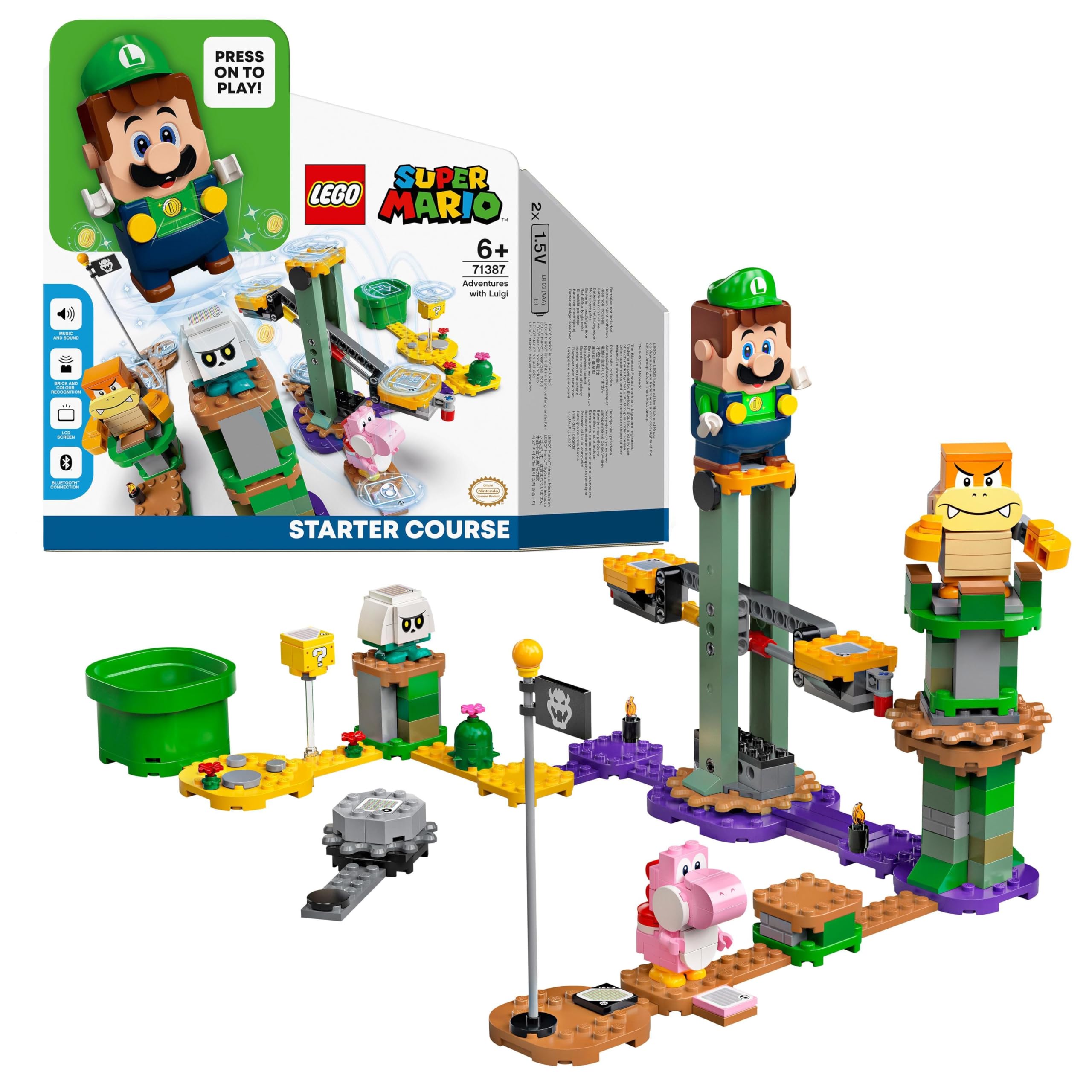LEGO Super Mario Adventures with Luigi Starter Course (71387) box art featuring the interactive Luigi figure and course elements.