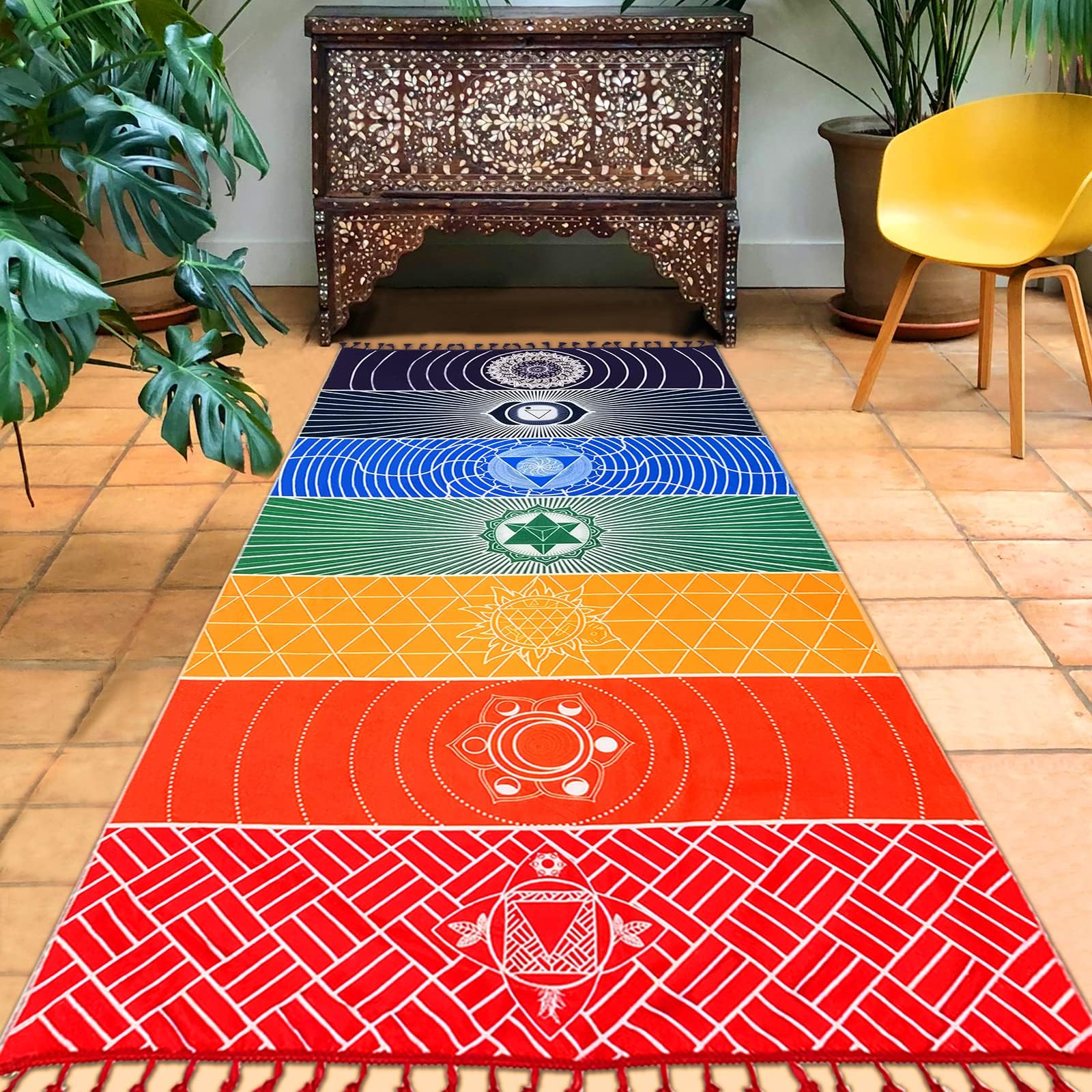 Neasyth Chakra Tapestry Meditation Yoga Rug Towels Mexico Chakras Tassel Striped Floor Mat 59 in (Soft Microfiber (Like Cotton), 59x30in)