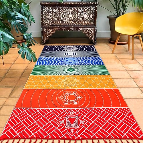 Neasyth - Tapiz con chakras, alfombra de yoga y meditación, tapete de piso mexicano rayado con borlas, 59 pulg