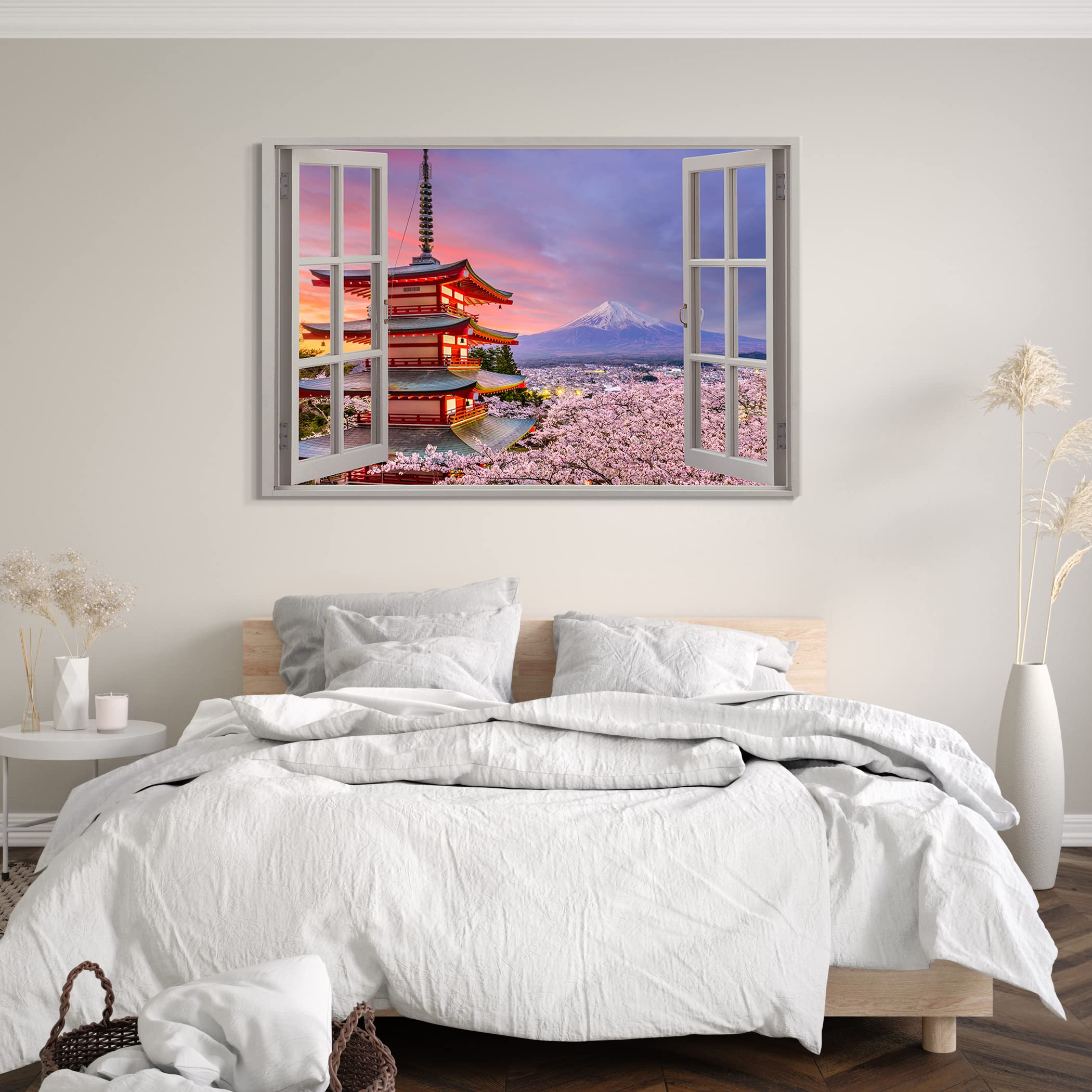 Printistico Impression sur toile (80x60 cm) Vue depuis la fenêtre - Temple Fuji Japon Coucher de soleil Asie - Photographie nature, cadre en bois véritable avec crochet,