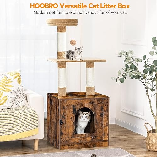 Miniatura 5 de HOOBRO Caja de arena con torre de árbol para gatos, baño oculto para gatos con poste rascador y percha de felpa suave, muebles de madera para gatos,