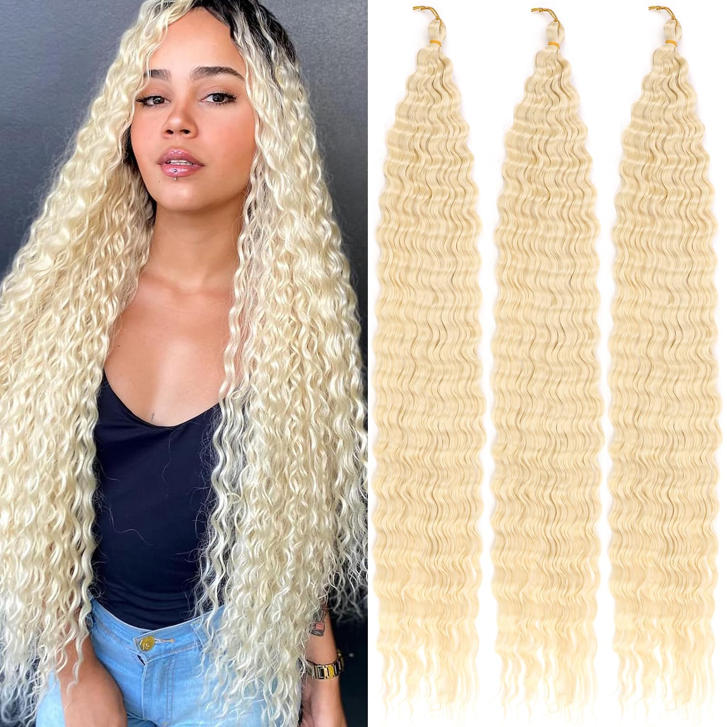 Mscat 30 Inch Ocean Wave 3Pack Crochet hair Extexsions Long Blonde Deep wave Synthetic hair Curly Braiding hair for Black Women 613#