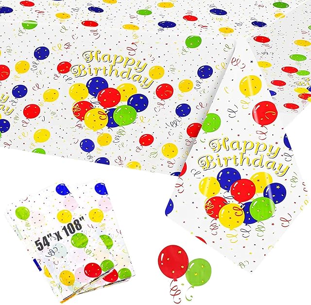 Abnaok Party Disposable Tablecloth, 2 PCS Happy Birthday Party Table Cover 108" x 54" Colorful Balloons Large Rectangular Plastic Tablecloth for Kids Boys Girls Baby Birthday Party Decorations