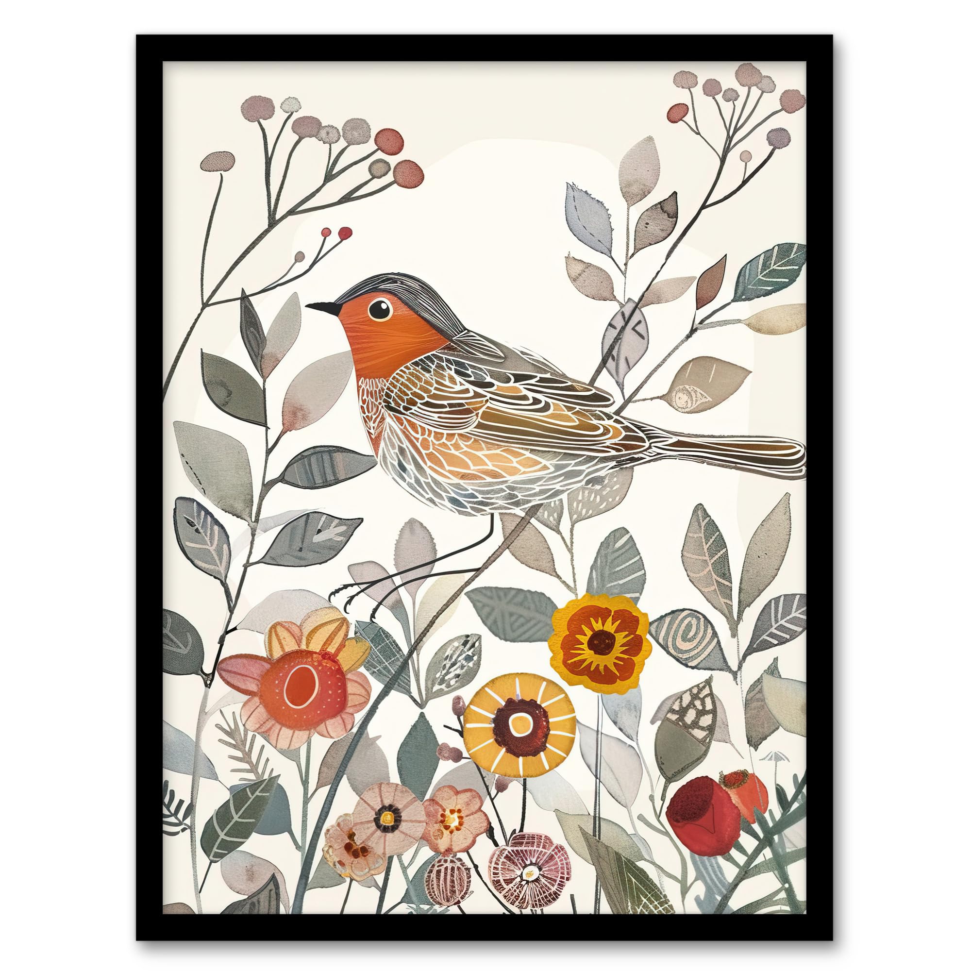 Artery8 Robin Bird Garden Flowers Bright Folk Art Living Room Artwork Framed Wall Art Print A4