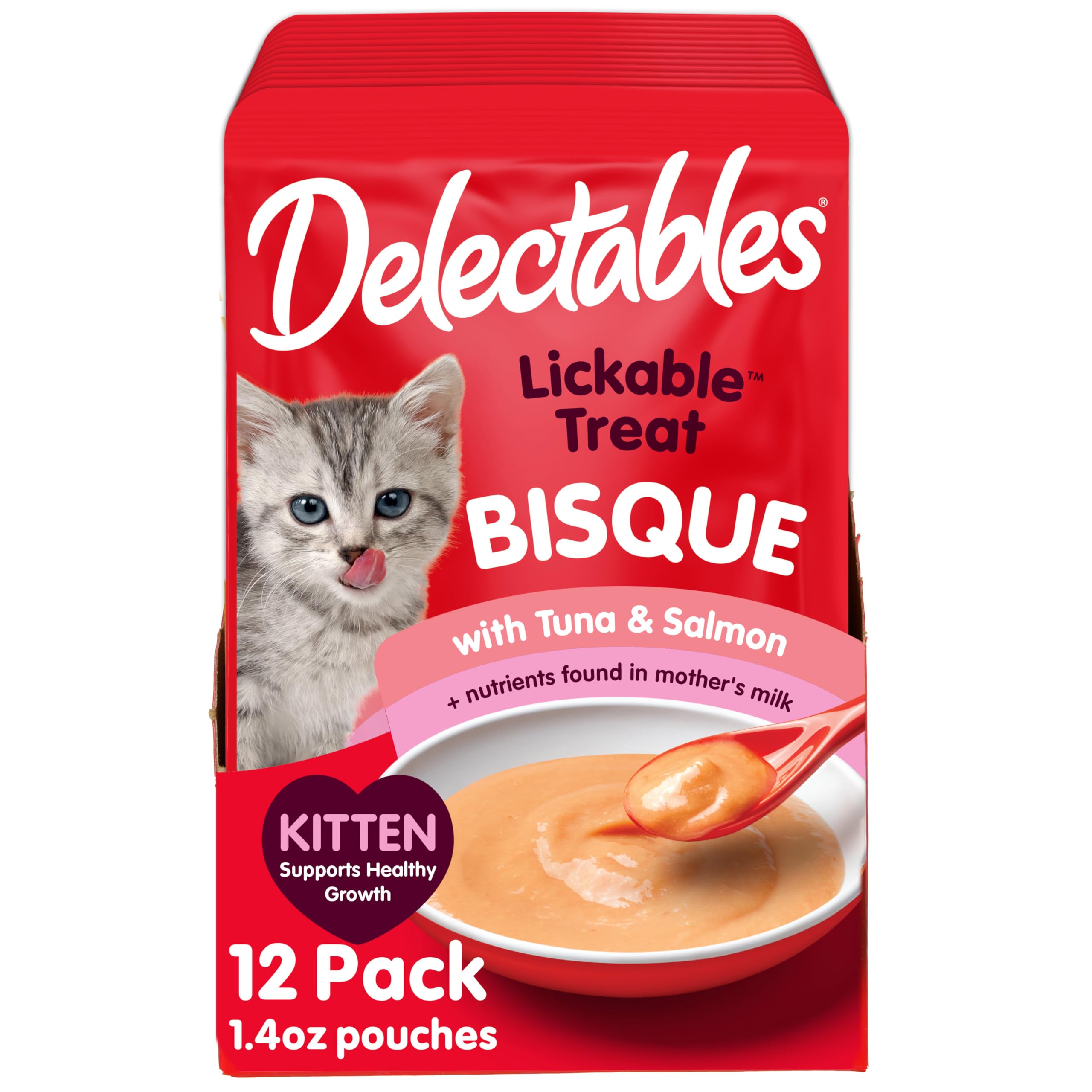 Hartz Delectables Bisque para gatitos, golosinas húmedas completas y equilibradas de atún y salmón para gatos, 12 unidades