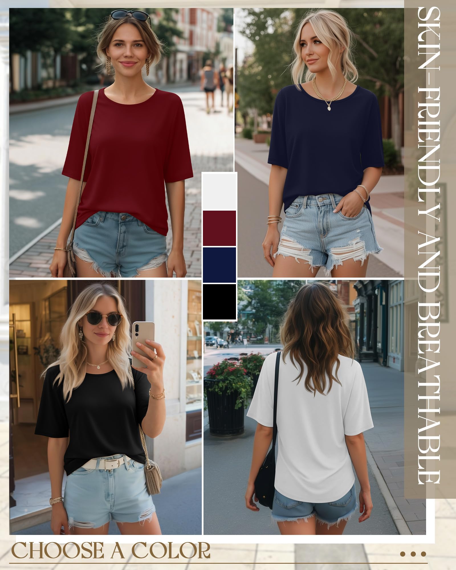 Neer Paquete de 4 Camisetas de Manga Corta para Mujer, hasta el Codo, Cuello Redondo, Estilo Casual de Verano. | Ajuste de gran tamaño, manga hasta el codo, tela suave, estilo básico casual, uso diario, trabajo, viajes, primavera, verano
