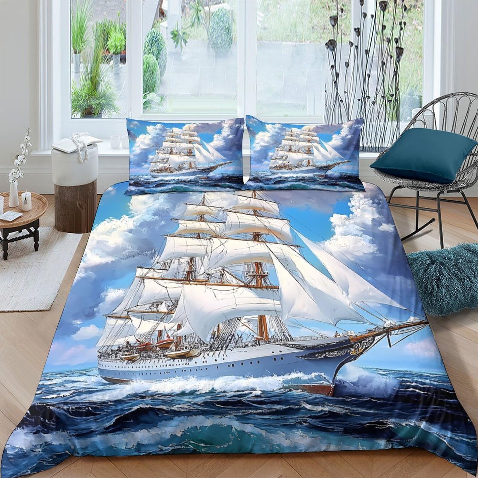 GPLZQXKJNH 3D Printed Sailing Ship Duvet Cover Microfiber Soft Ocean Blue Bedding Set with 2 Pillowcases for Bedroom Decor Single（135x200cm）