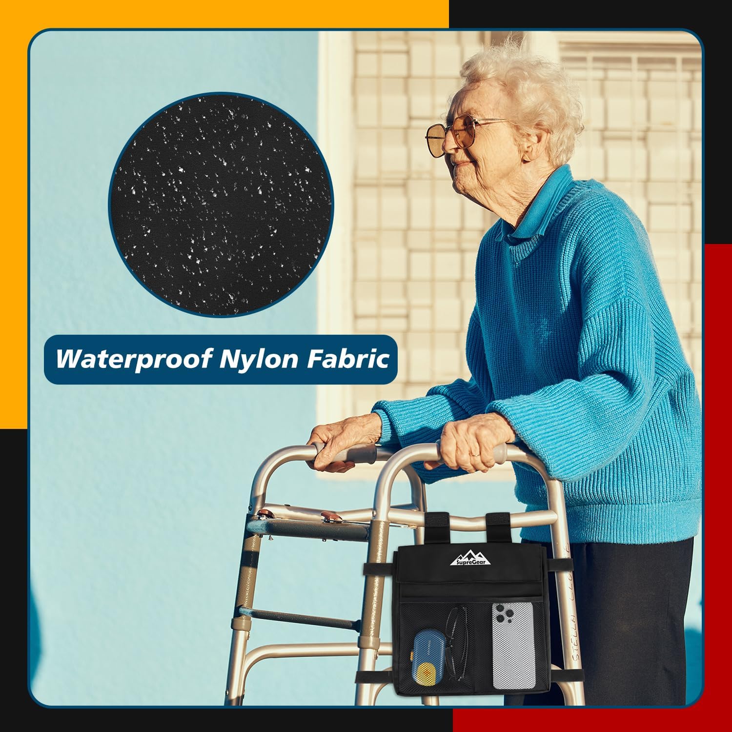 supregear Walker Side Bag, Multi Pocket Storage Pouch for Folding Walker, Water Resistant Lightweight Hand Free Carrier Tote, Universal Size Seniors Caddy Attachment - Image 7