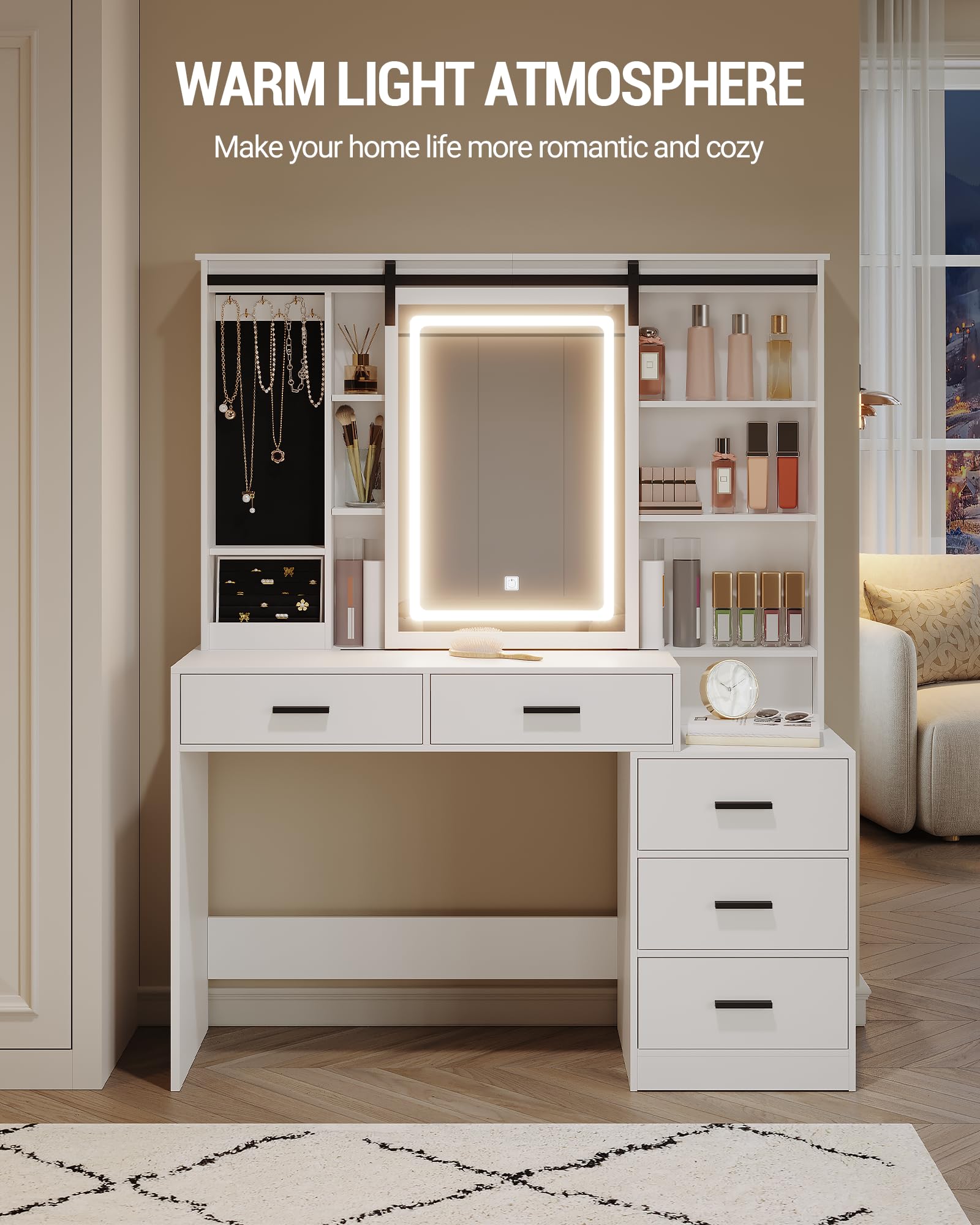 Hzuaneri Coiffeuse avec Lumières LED Réglables,Coiffeuse avec Rangement pour Bijoux, Étagères Ouvertes, 5 Tiroirs, avec Table d'appoint, pour Chambre à Coucher, Blanc DT33103X