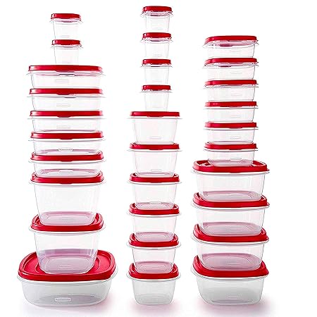 Rubbermaid 60-Piece Food Storage Containers with Lids, Salad Dressing and Condiment Containers, and Steam Vents, Microwave and Dishwasher Safe, Red