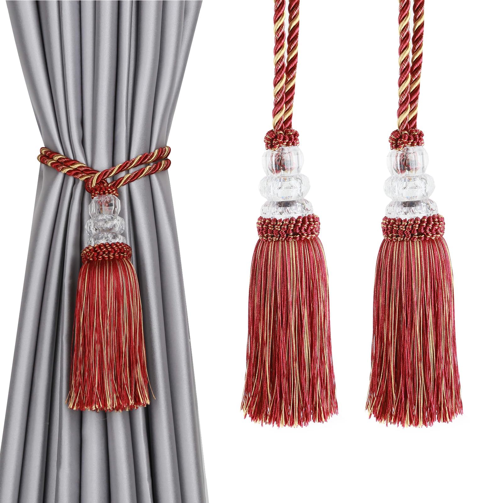 Fenghuangwu Curtain Tiebacks with Tassel, Outdoor Elegant Decorative Curtain Holdback,Modern Rope Window Curtain Ties Backs for Draperies with Hooks (2, Mix Red)