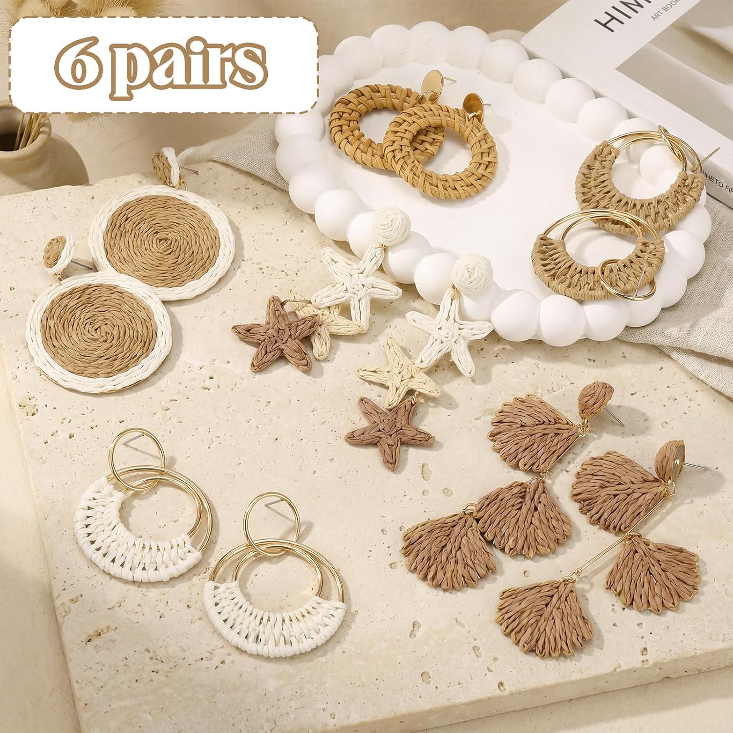 Kingdder 6 Pairs Handmade Boho Raffia Rattan Earrings for Women Summer Bohemian Round Drop Dangle Lightweight Straw Woven Hoop Earrings for Beach Vacation Seashells Starfish Jewelry Gifts