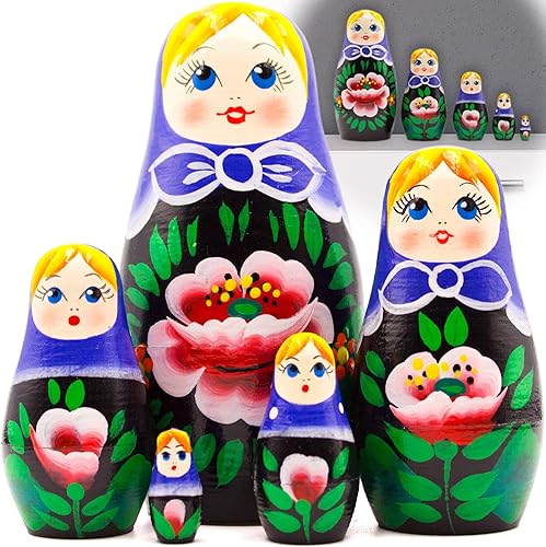 AEVVV Juego de 5 muñecas rusas de anidación  Muñeca rusa con bufanda de cabeza morada y sarafán con ramo de amapolas  Decoración de amapola