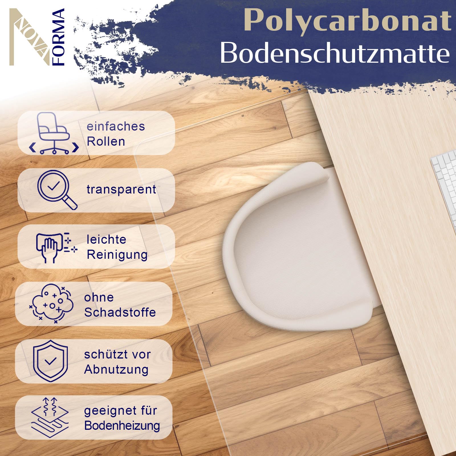 Bodenschutzmatte DURA-MAT aus Polycarbonat für Teppichböden (90x120 cm) | transparente Stuhlmatte - robuste Bürostuhl Unterlage für zuverlässigen Bodenschutz - Stuhlunterlage für Zuhause & Büro
