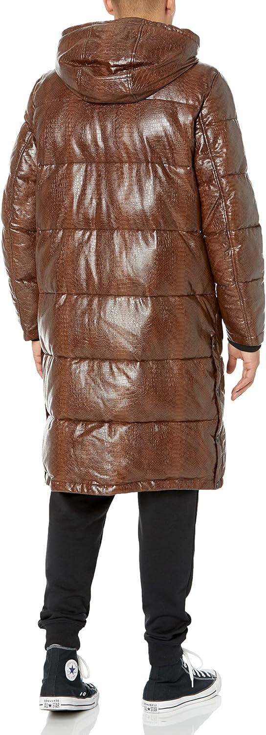 DKNY Men's Faux Leather Long Quilted Fashion Coat