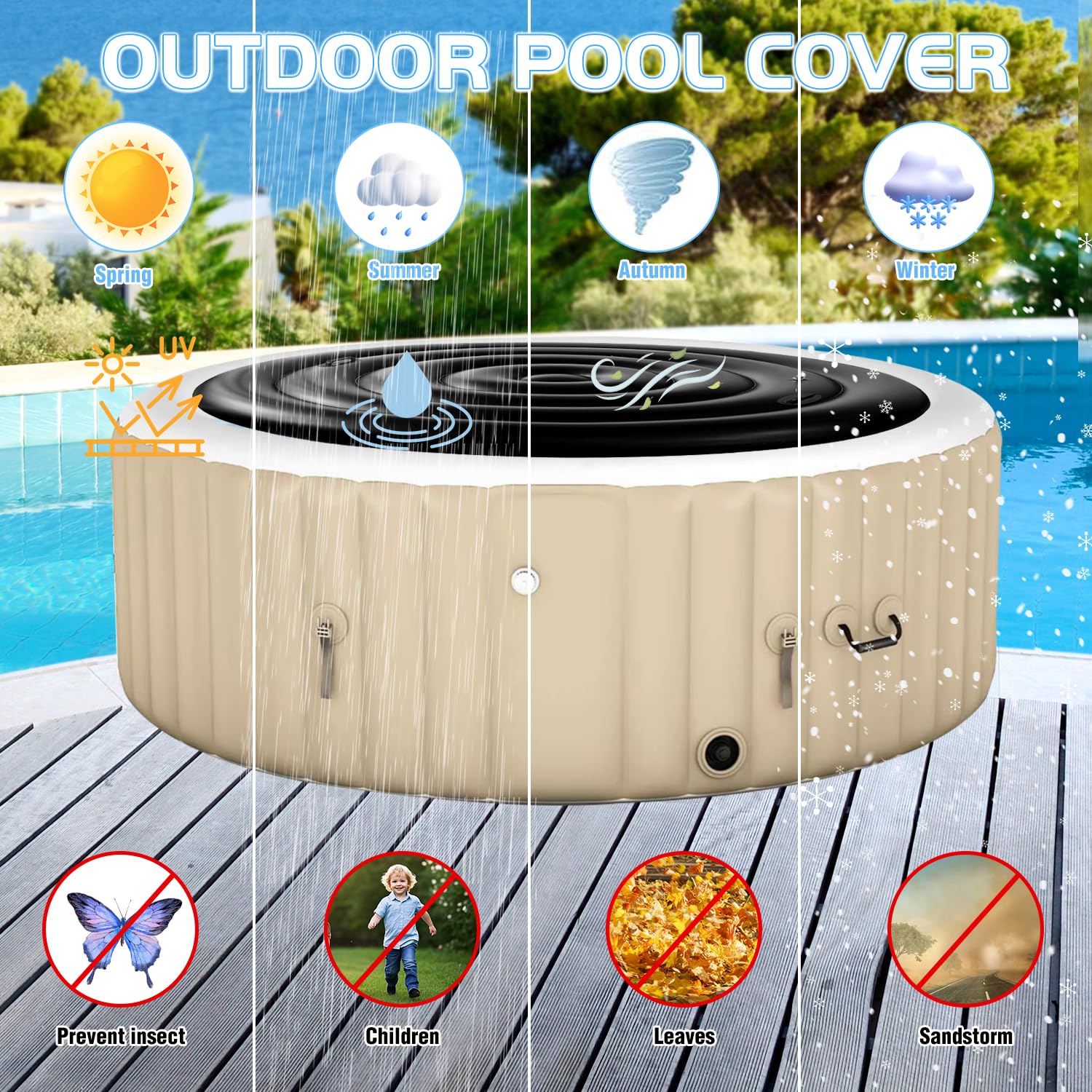 KEAGAN 4.5FT/138CM Inflatable Hot Tub Cover, Energy Saving Lid for Round Hot Tub, Outdoor Inflatable Hot Tub, with Handle, Foldable Protective Rain Overflow Cover for Inflatable Outdoor Hot Tubs — view 5