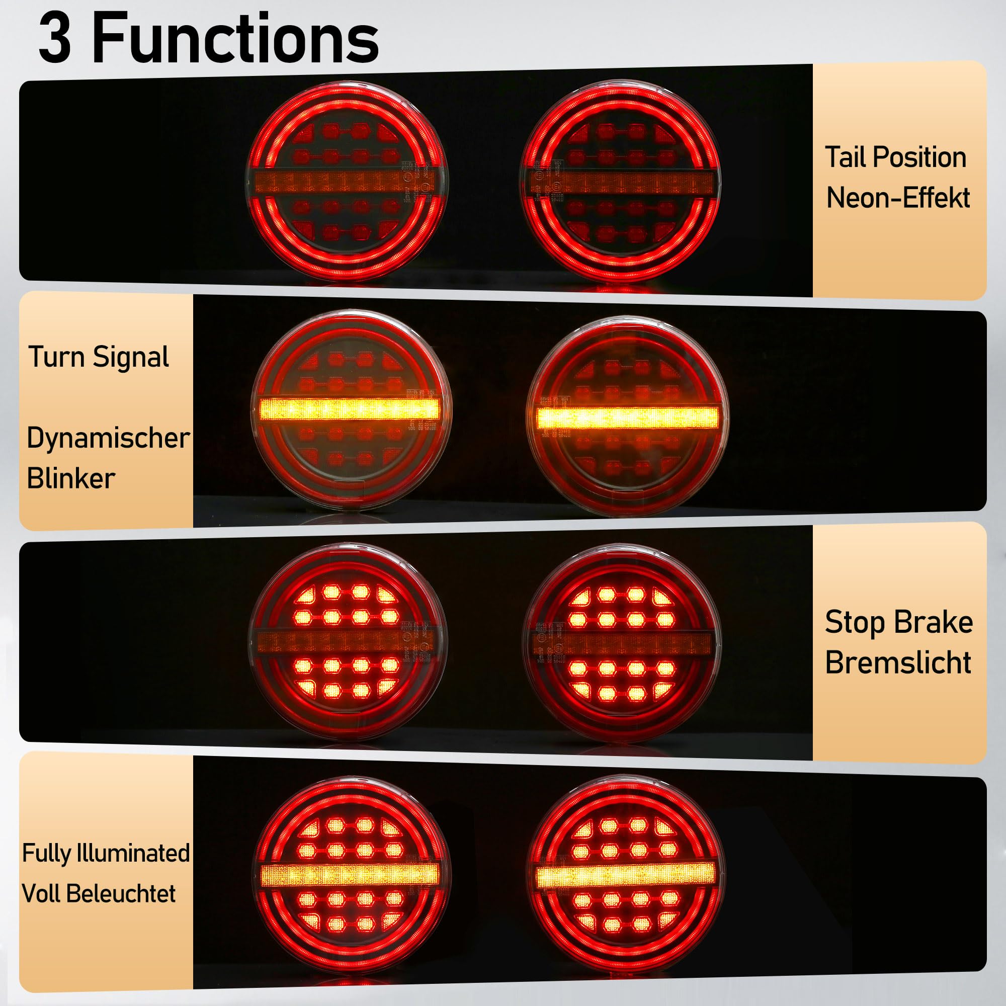 2 x Rund LED Anhänger Rückleuchten 12V/24V Wasserdicht Beleuchtung Anhänger Rücklicht Für Anhaenger, LKW, Wohnmobile & Traktoren, 3-in-1 (Bremslicht/Blinker/Positionslicht)