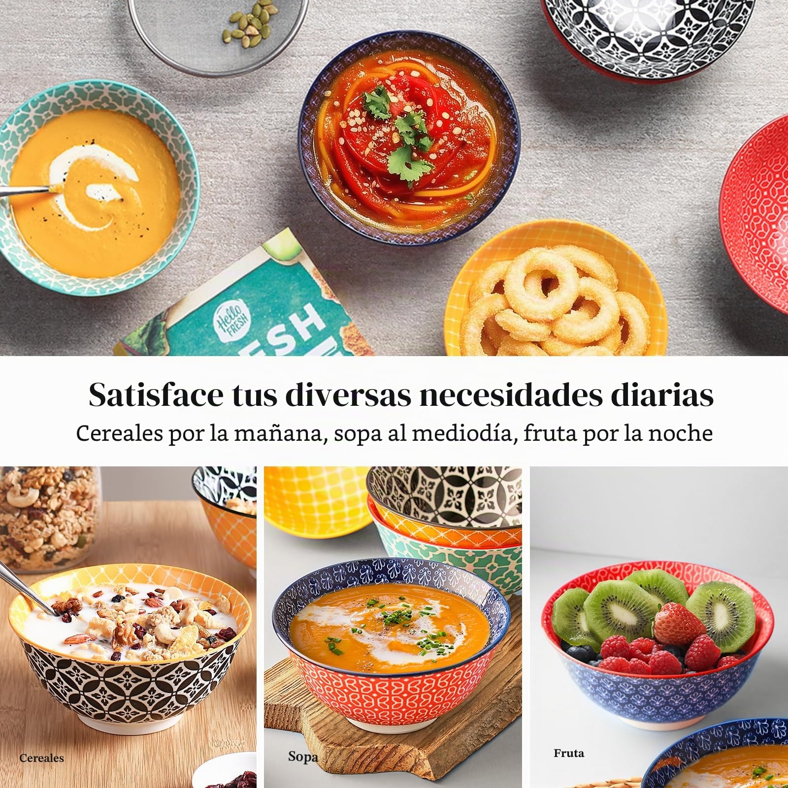 DOWAN Cuencos de Porcelana para Cereales 680ml, Cuencos de Sopa de Colores Vibrantes 15,2 cm, Cuencos de Avena para Pasta, Ensalada Pequeña, Guisos, Arroz, Microondas y Lavavajillas, Juego de 6