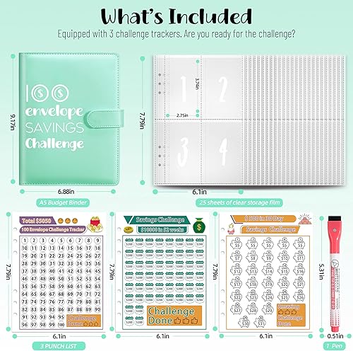 Miniatura 2 de Carpeta de presupuesto con sobres con cremallera, sobres de efectivo para presupuestos, 58 unidades, carpeta de presupuesto A6 de piel sintética,