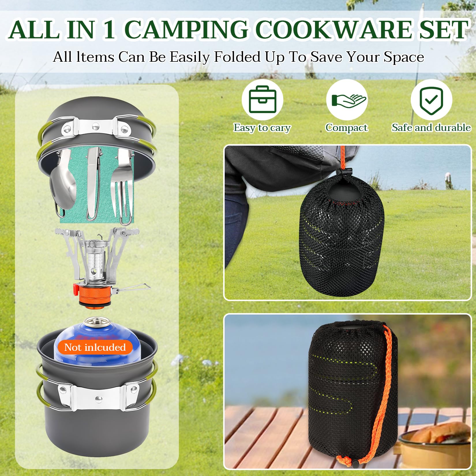 Herbst Camping Kochgeschirr Set, 11pcs Camping Geschirr Set mit Mini Campingkocher, Faltbare Gaskocher Topf und Faltbares Besteck, Faltbare Besteck Reinigungstücher für Outdoor Picknick und Wandern