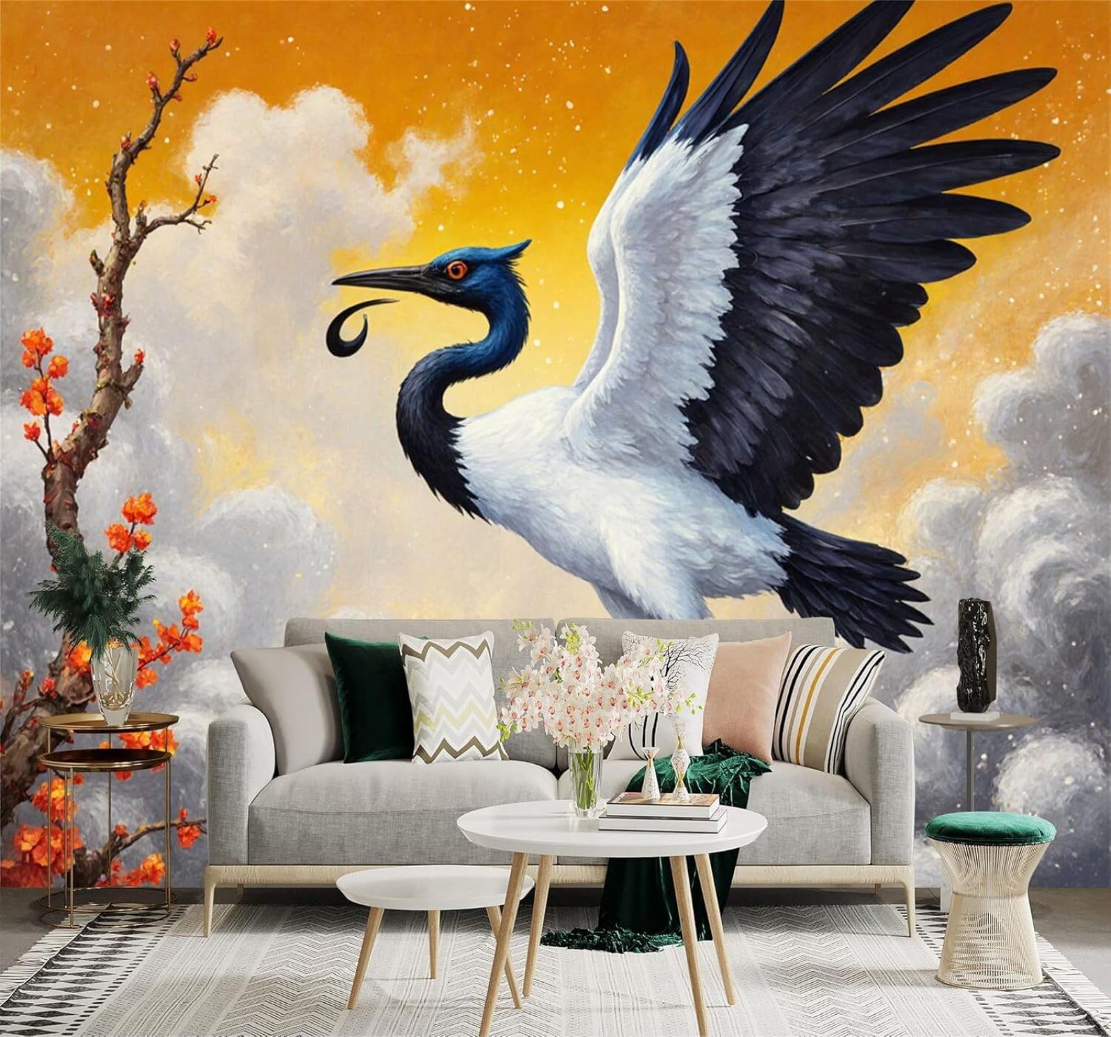 Tzxztt Elegant Branches Flowers Birds Golden Sky Modern 3D Wallpaper Premium Textured Silk Neutral Tones Material Ideal for Living Room Bedroom-200cm×140cm