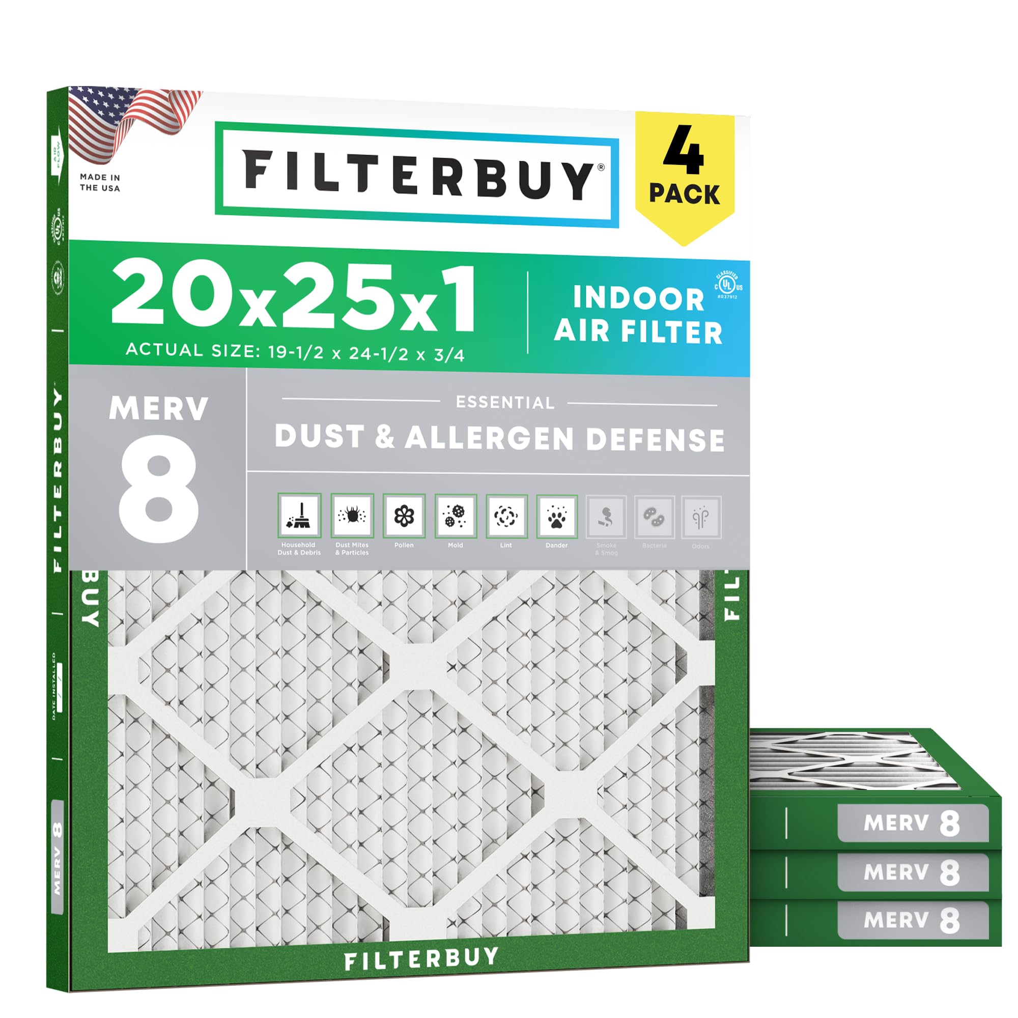 Filterbuy 20x25x1 Air Filter MERV 8 Dust & Allergy Defense (4-Pack) | Electrostatic Pleated HVAC AC Furnace Filters Replacement, Made in USA (Actual Size: 19.50 x 24.50 x 0.75)