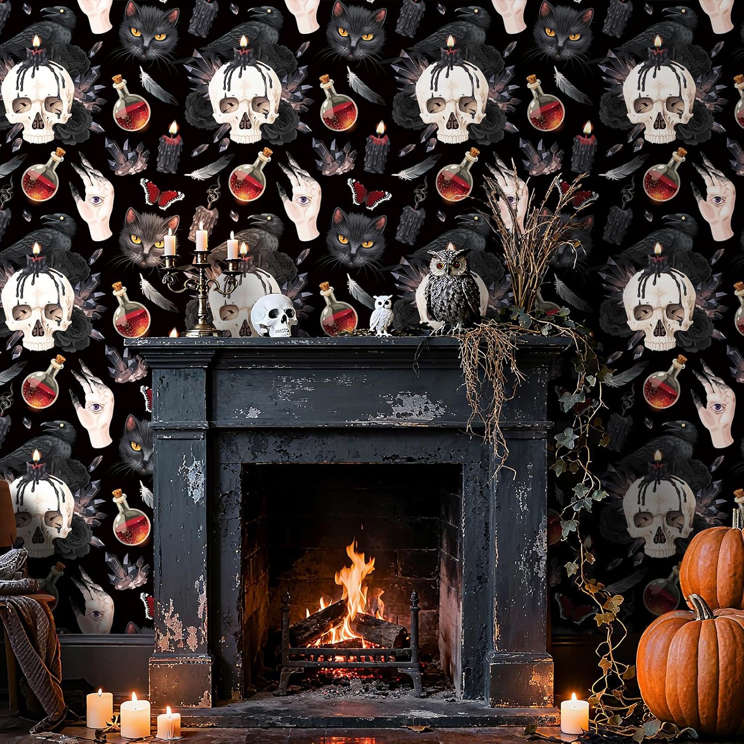 ReWallpaper Gothic Wallpaper Peel and Stick Dark Skull Raven Black Cat Wallpaper Removable Horror Candle Magic Potion Halloween Wall Decor for Living Room Bedroom Bathroom Cabinets Shelves 15.8inx10ft