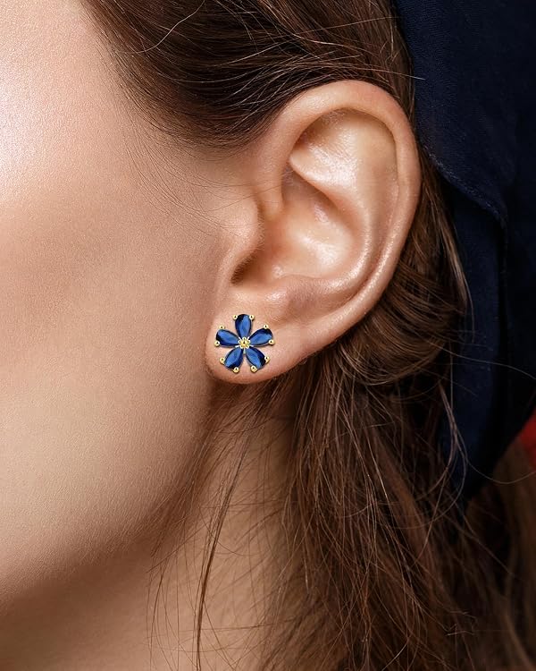 Hypoallergenic Blue Flower Stud Earrings for Women | Dainty 14K Gold Plated Sapphire Jewelry with 925 Sterling Silver Post | Gifts for Sensitive Ears, Daily & Occasions by Elaximn - Image 2