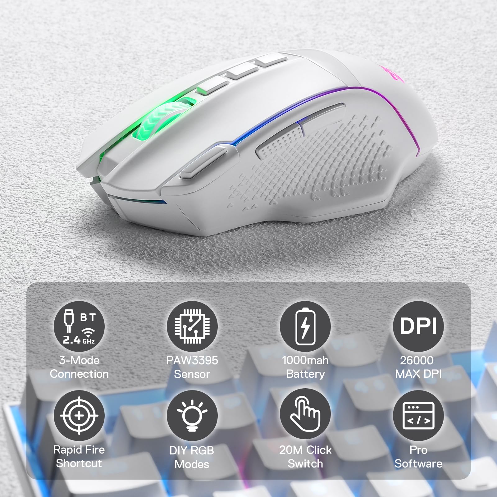 Redragon M991 Ratón Gaming Inalámbrico 19000 dpi Botón Disparo Rápido | 9 Teclas Macro 45 Horas Batería Continua RGB Retroiluminación Compatible PC Mac Portátil