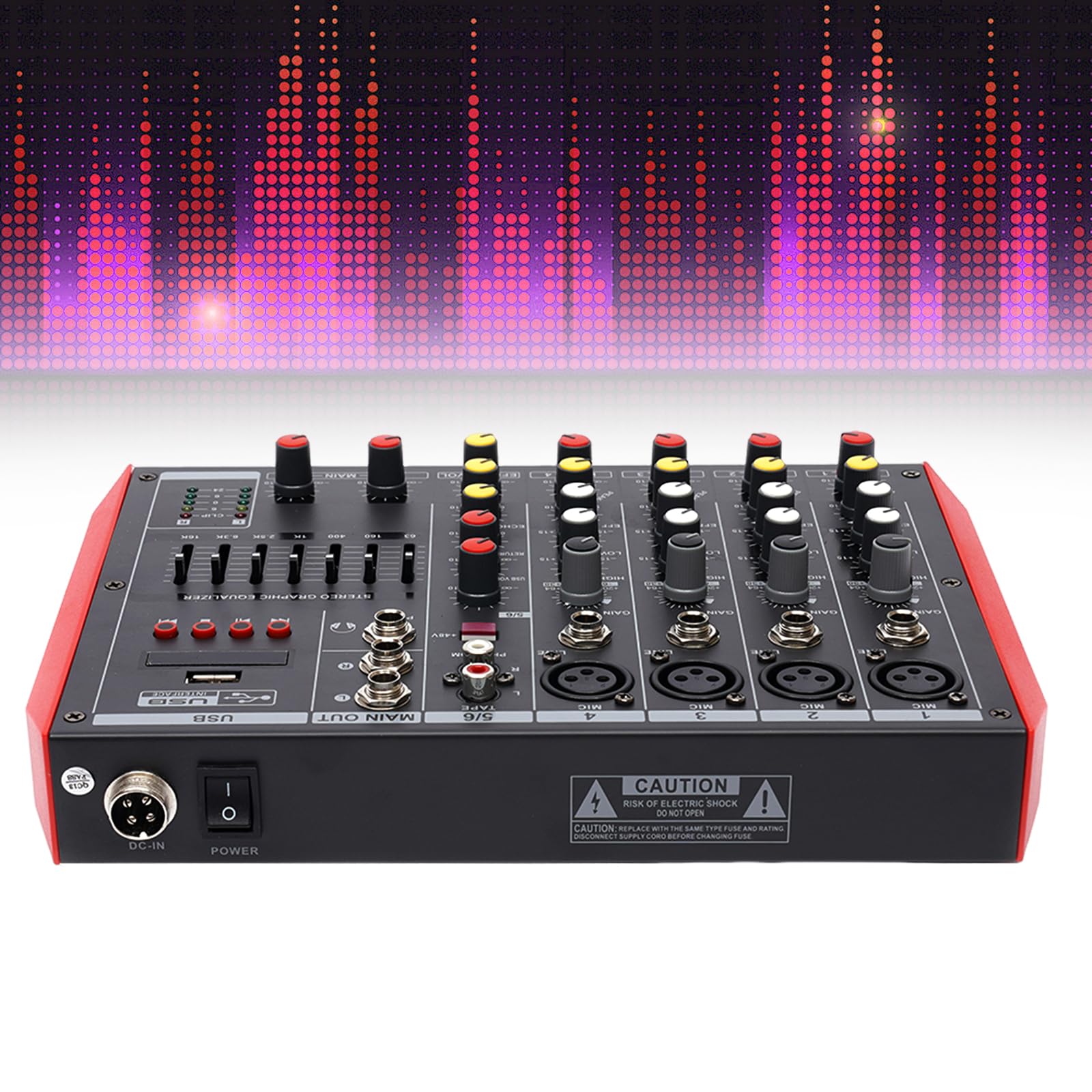 Mixing Console, 48V Phantom Power Stereo Interface Professional Audio Mixer DJ Sound Effects Board Mixing Console Board for Music Studio Recording, Home KTV, Bars (6 Channel Audio Mixer)