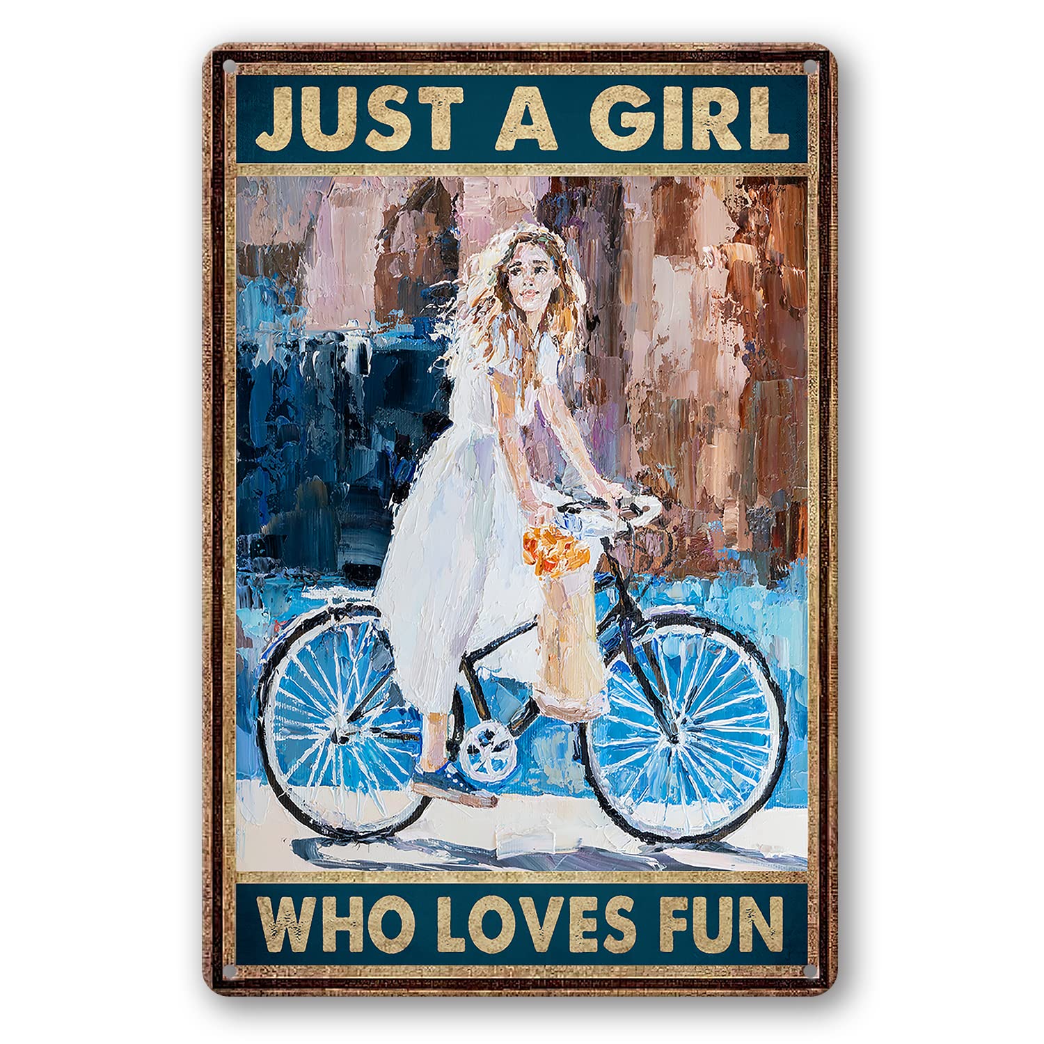 LOVEJIA Just A Girl Who Loves Fun Sign Metal Tin Signs, Vintage Girl Riding Bicycle Art Poster Plaque Bedroom Wall Decor Retro Home Living Room Decor 8x12 Inches TPM-17