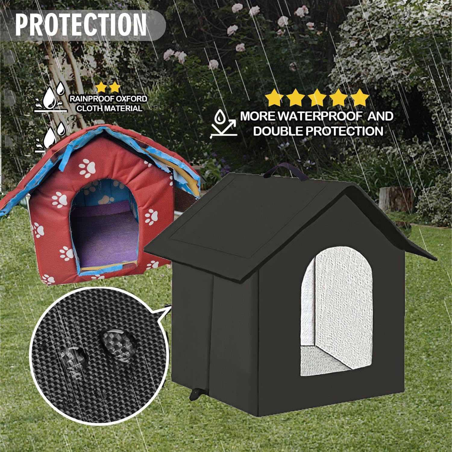 Casetta per gatti e cuccioli di cani per esterni, impermeabile, resistente all’inverno, con tenda trasparente rimovibile (L, nero 1)