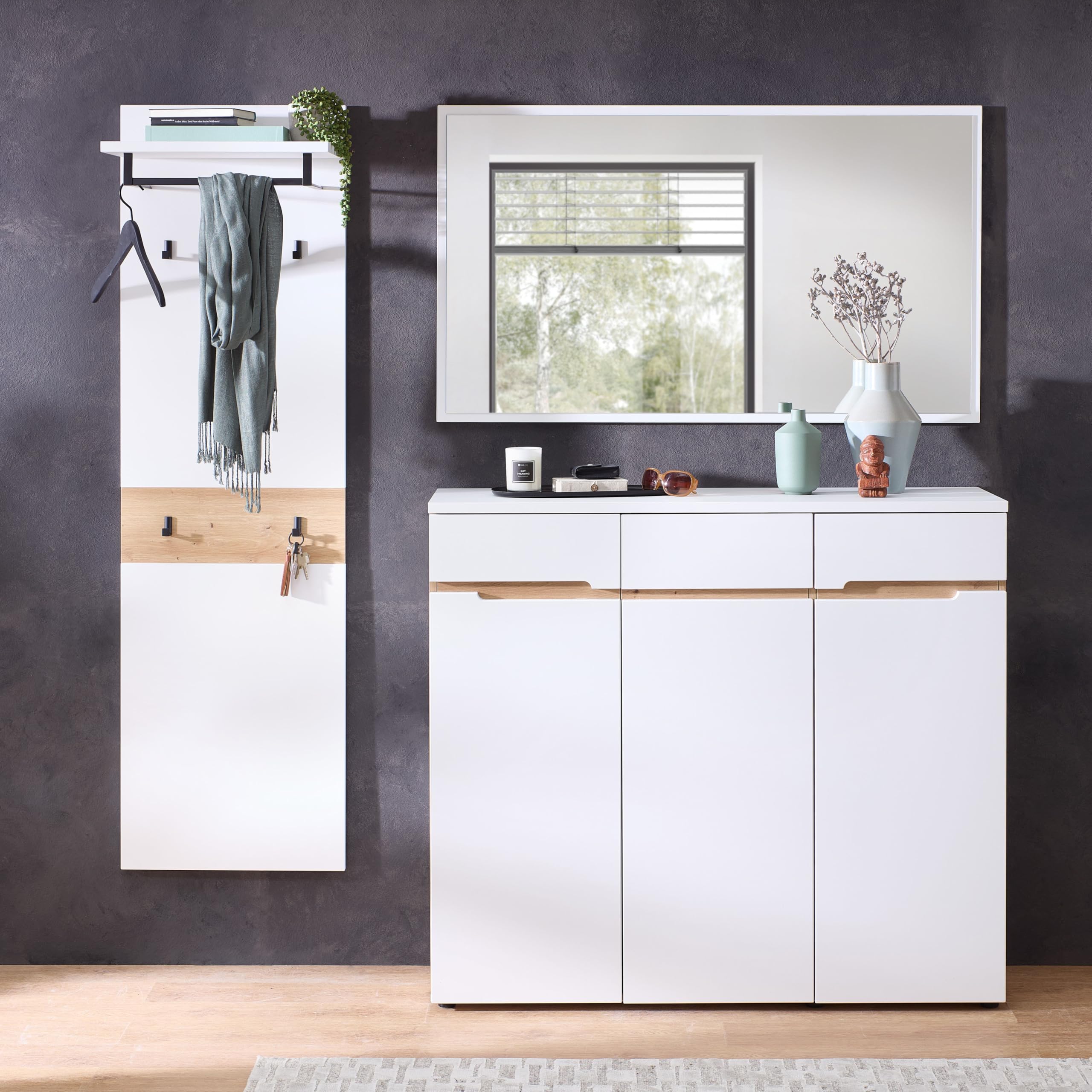 MEMPHIS Schuhschrank Schuhregal Weiß Artisan Eiche 120 x 107 x 38 cm | Zeitloses Design mit 3 Türen, 8 verstellbare Fachböden mit Stauraum, moderne Griffleisten, Korpus in Mattweiß, Set, Garderobe