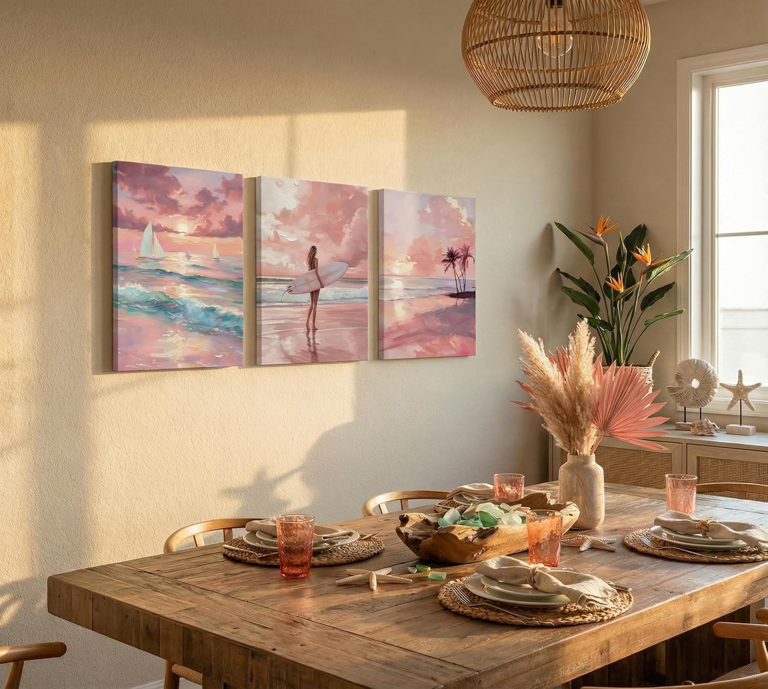 FTQYQLD Pink Beach Wall Art Textured Canvas Ocean Painting Coastal Decor, 3 Piece Surfer Girl Sunset Pictures Aesthetic Room Decor Preppy Artwork for Bedroom Bathroom Living Room, 12x16 inch