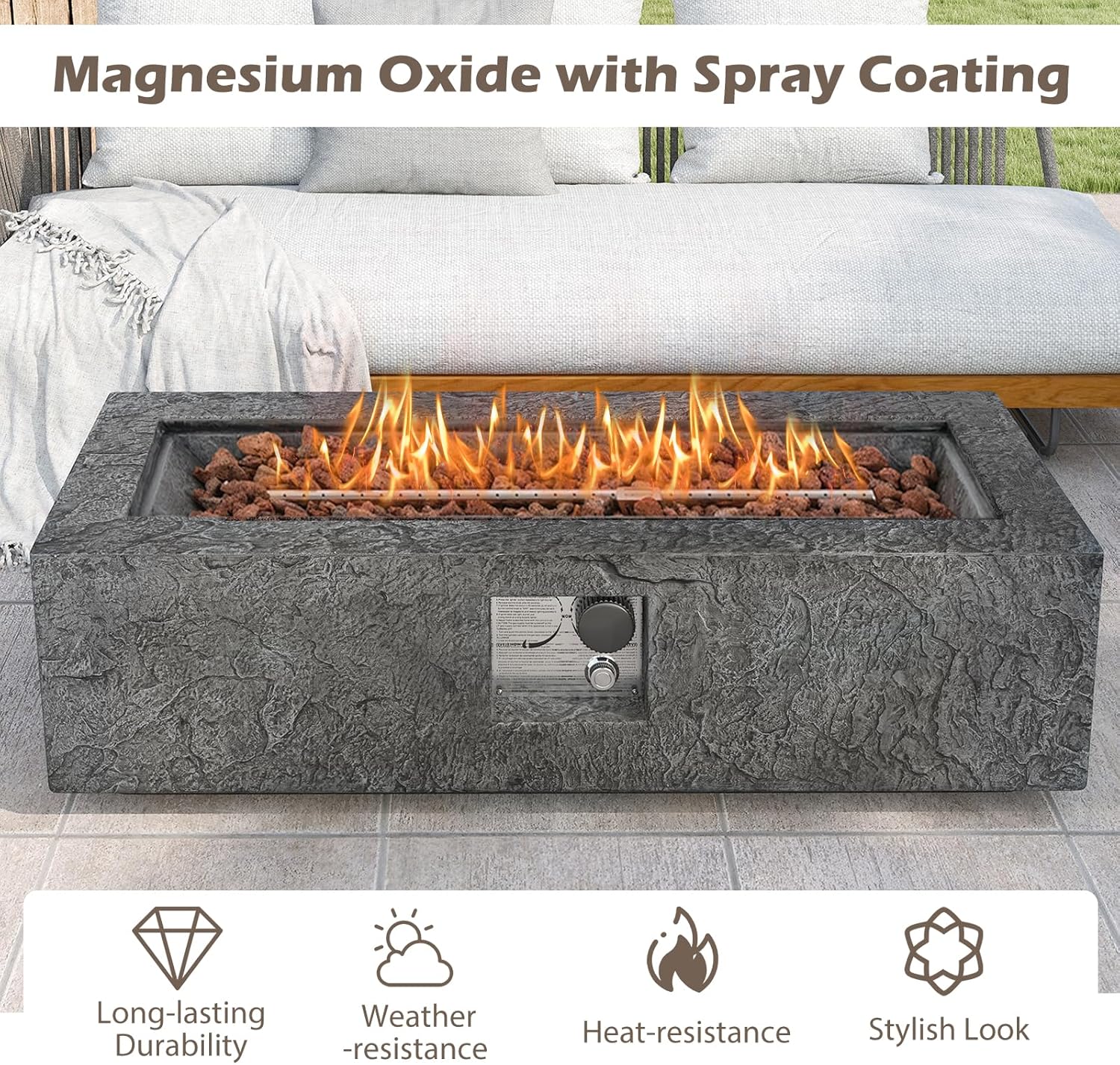 Happygrill 50,000 BTU Propane Fire Pit Table Set, 42.5" Rectangular Fire Table w/Tank Holder, Stainless Steel Burner, Lava Rocks, Simple Ignition, Protective Cover, Gas Fire Pits for Outside Patio