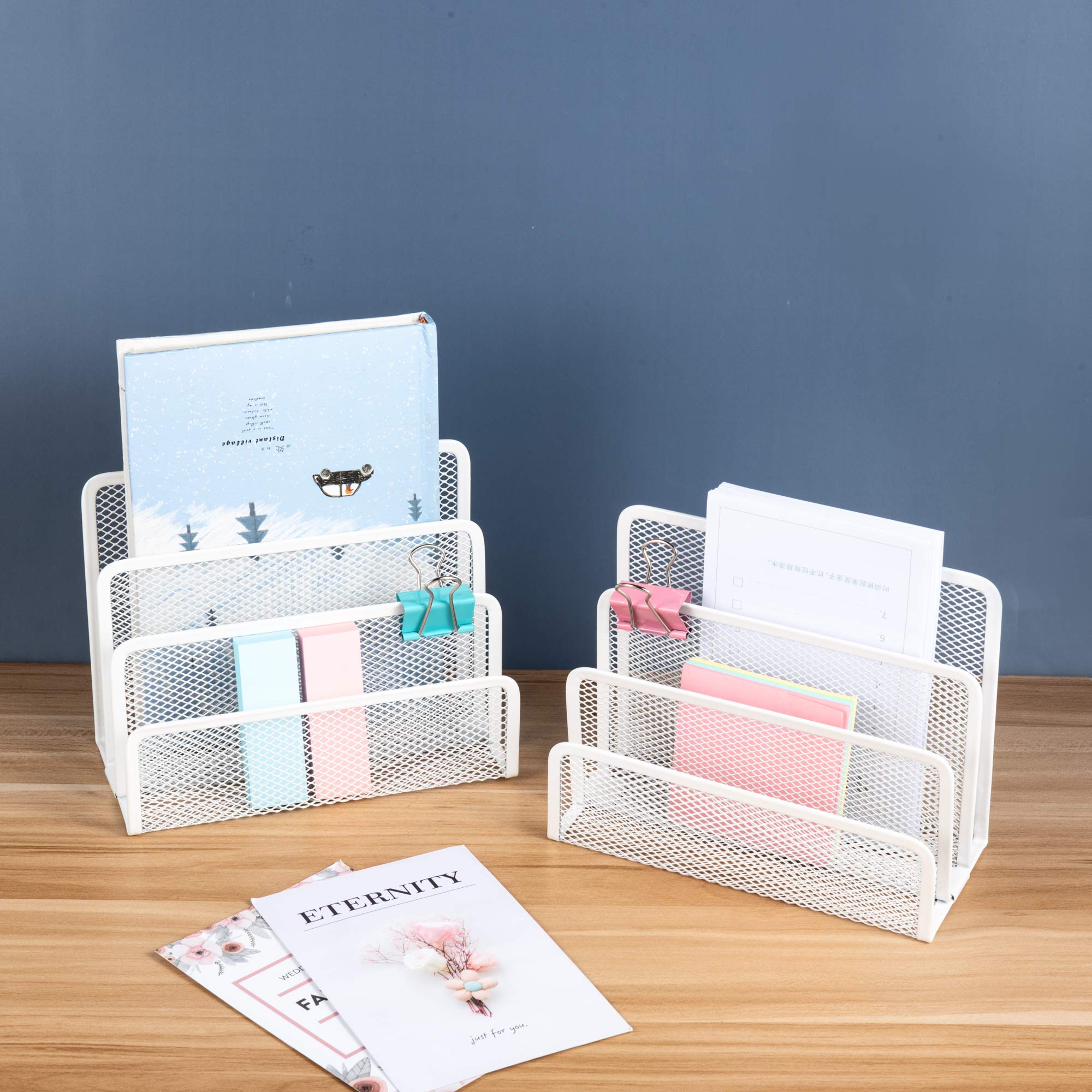 VANRA Organizer per lettere piccole, confezione da 2 organizer da scrivania, in rete metallica, 3 scomparti (2 bianchi)