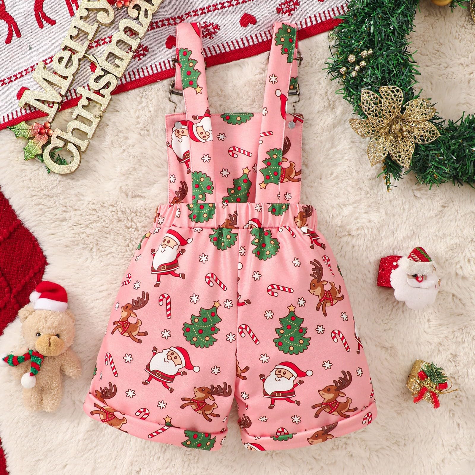 RNTOP Baby Girl Christmas Clothes Toddler Bib Overalls Santa Print Romper Suspender Shorts Jumpsuit (Pink, 12-18 Months)