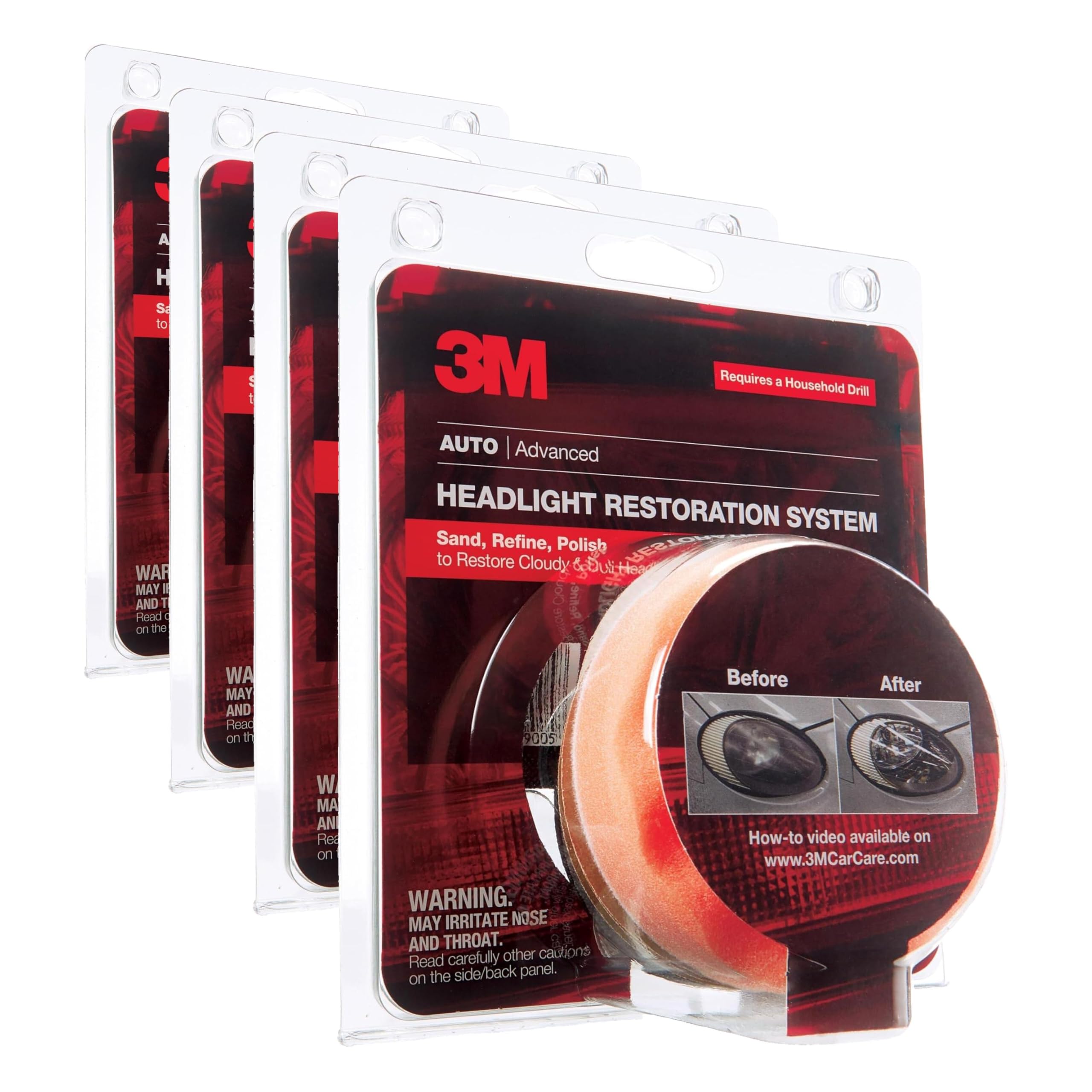 3M Headlight Lens Restoration System, 39008, 1 Kit (Pack of 4)