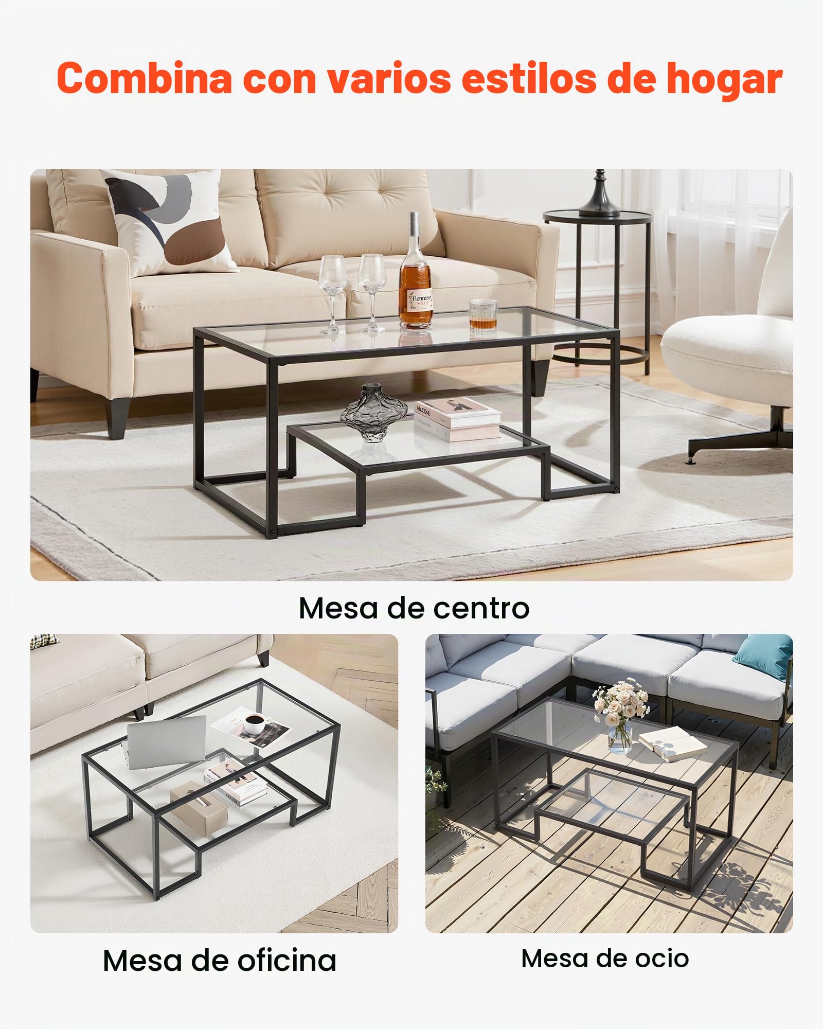 VEVOR Mesa Auxiliar de Cristal Templado, Rectangular, con Dos Niveles y Espacio de Almacenamiento Abierto, Diseño Moderno con Estructura Metálica, para Salón u Oficina, 100 x 51 x 46 cm, Negro
