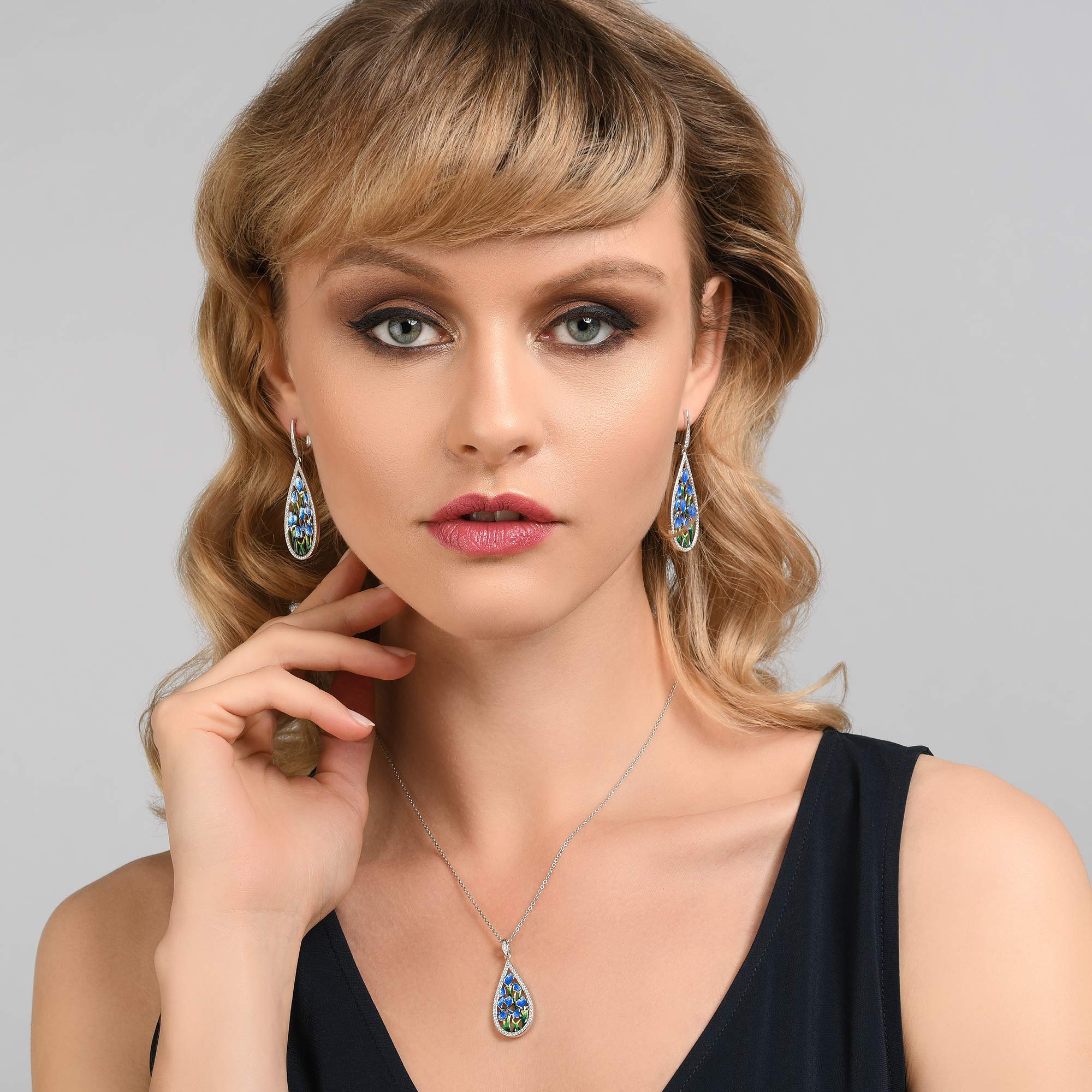 Namana Collana da donna a forma di fiore blu, in argento Sterling 925, con smalto e zirconia cubica, collana da donna in argento Sterling 925, con confezione regalo, Smalto, Zirconia cubica