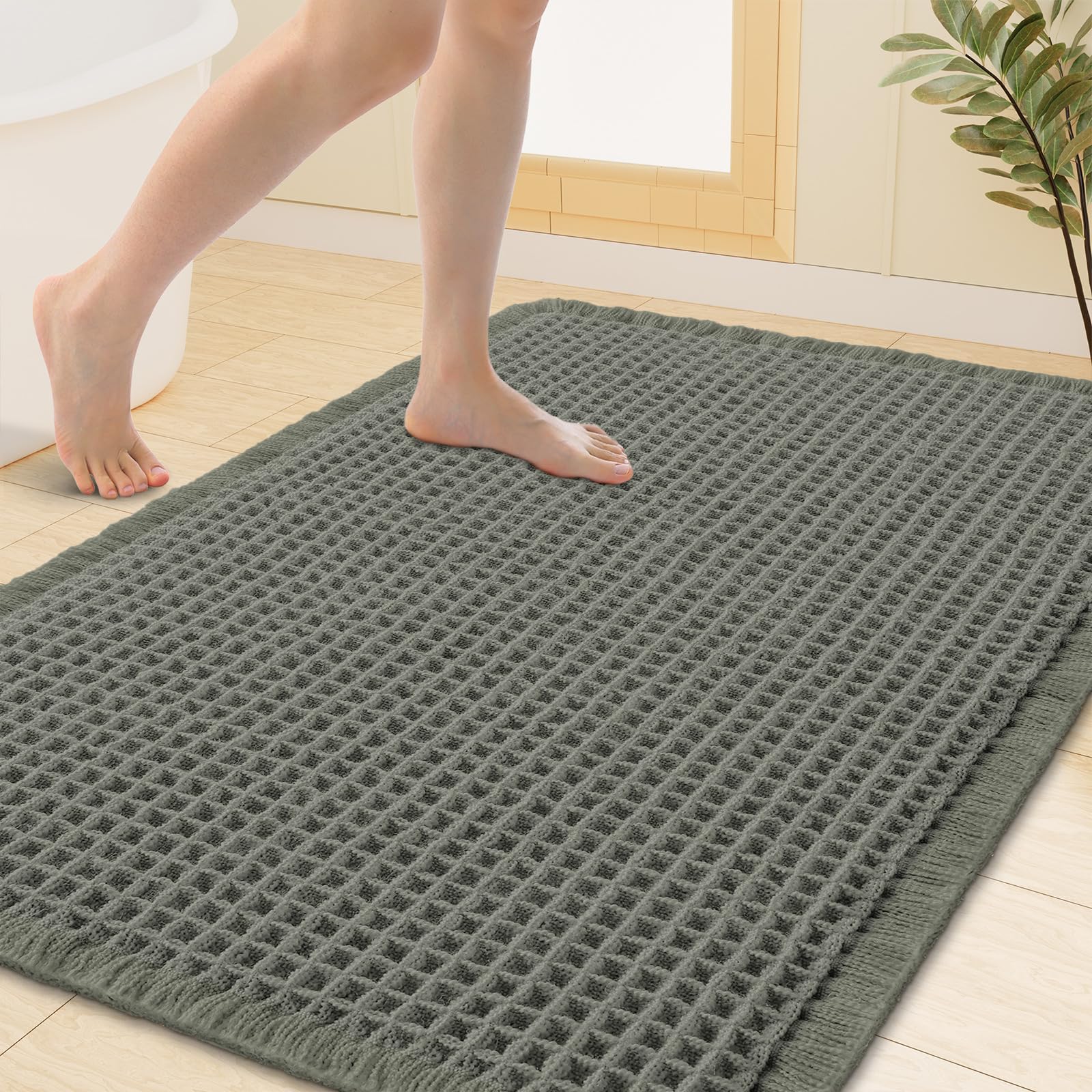 Smiry Waffle Bath Mat 40X32, Extra Soft Absorbent Bathroom Rugs, Green