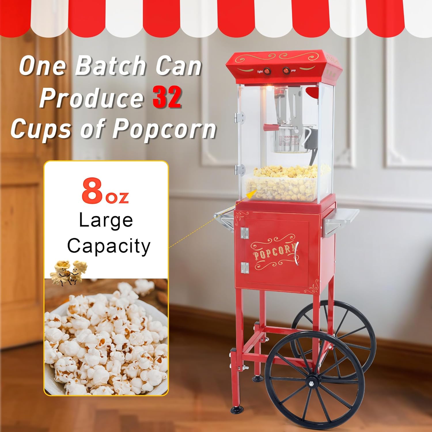 8 OZ Popcorn Cart Machine on Wheels, 480W Popcorn Maker for 32 Cups Popcorn Per Batch, 2-Switch Control Vintage Theater Popcorn Machine with Tempered Glass Doors & 1 Scoop 2 Spoons (Red)