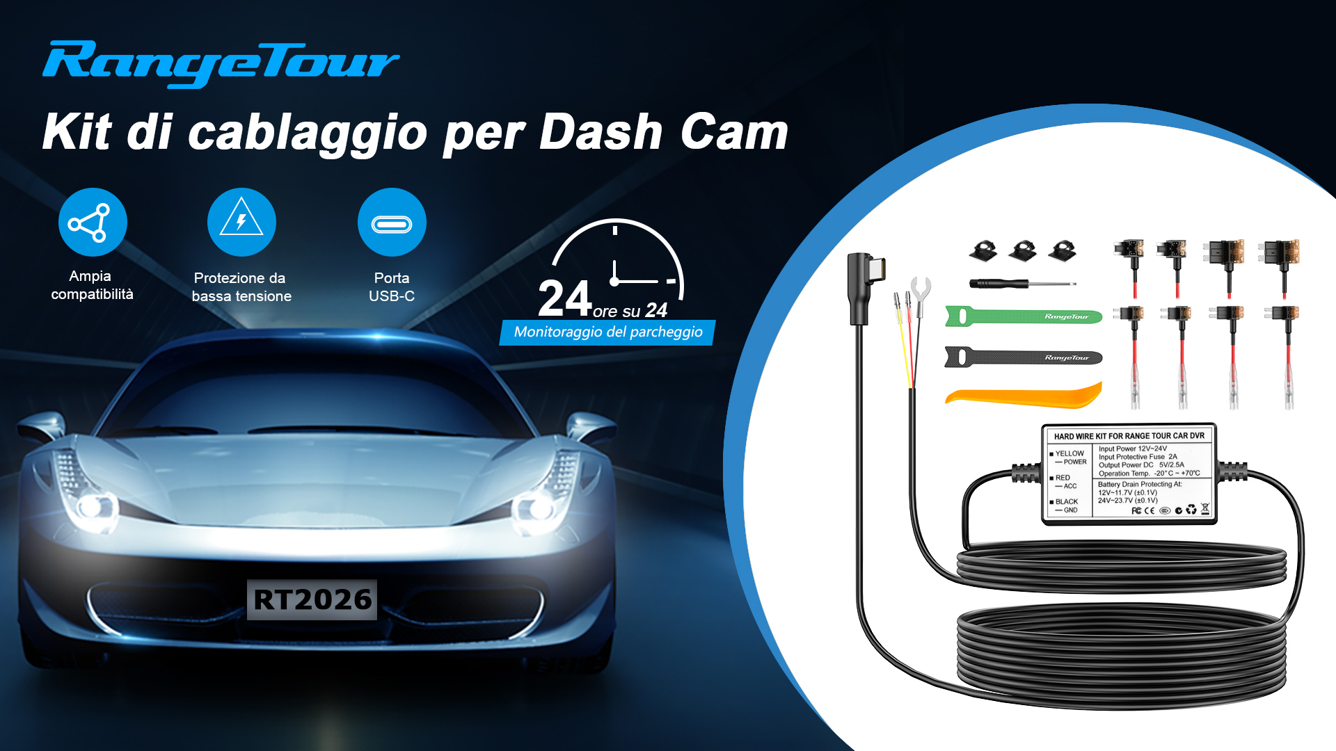 Kit Cavo Hardwire Per Dashcam 12-24V A 5V 3A Con Indicatore Tensione E Protezione Batteria - Modalità Parcheggio 24h E Spegnimento Regolabile