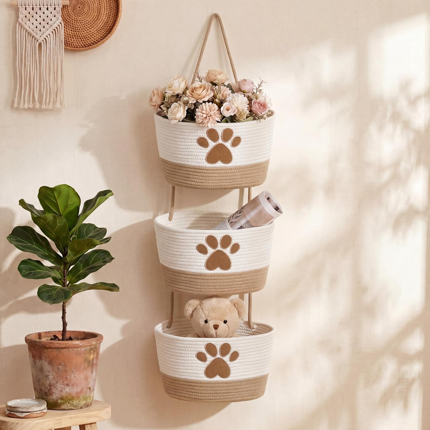 3-Tier Dog Paw Theme Cotton Rope Hanging Basket Organizer, Wall Storage Bin with Hooks, Beige Over Door Decorative Nursery Closet Hanging Accessories