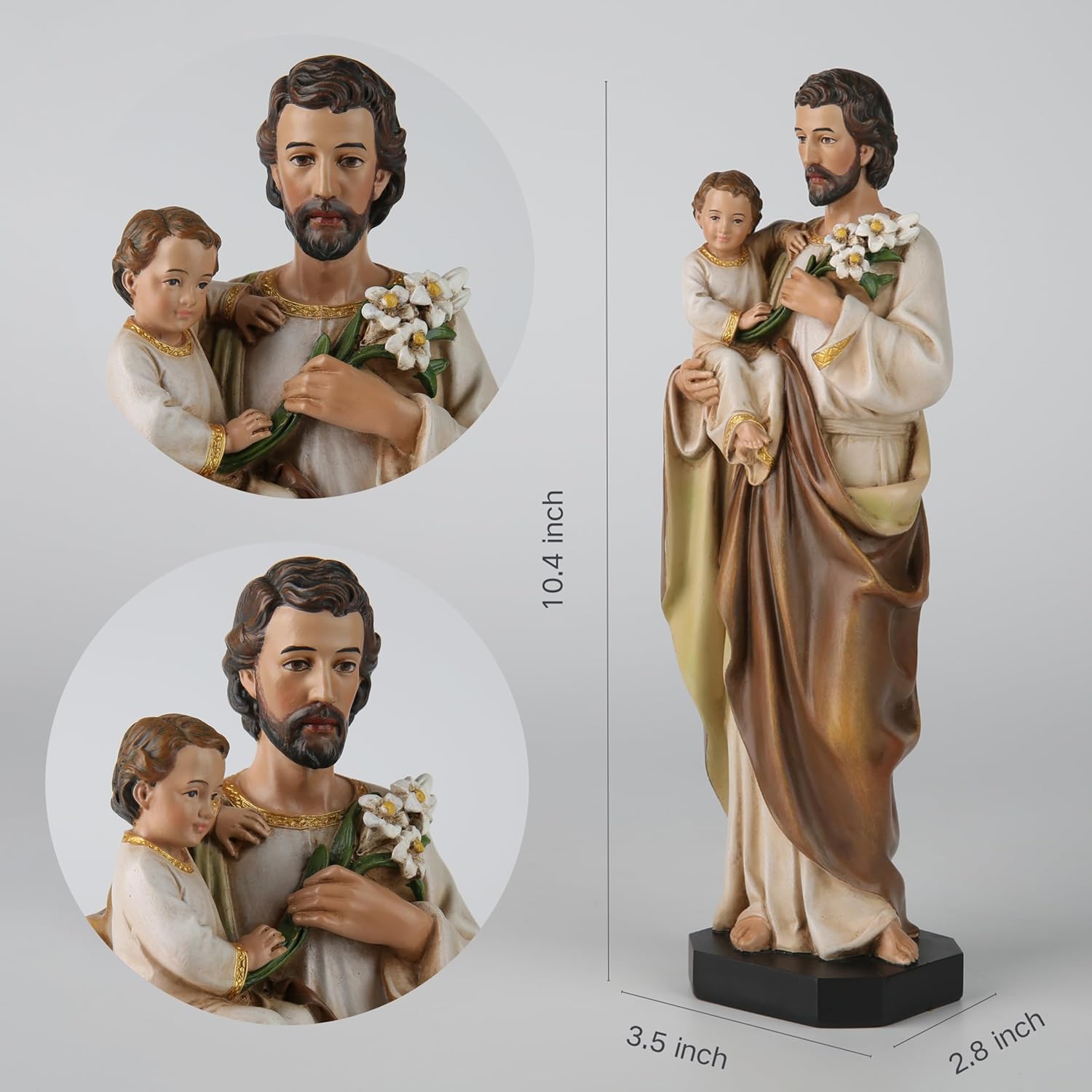 BC Catholic St. Joseph and Child Jesus Statue, 10" H Catholic Saint Figure, Patron Saint of Families & Travelers, Religious Gift for Father, Hand Painted Inspirational Indoor Home Decor - Image 3