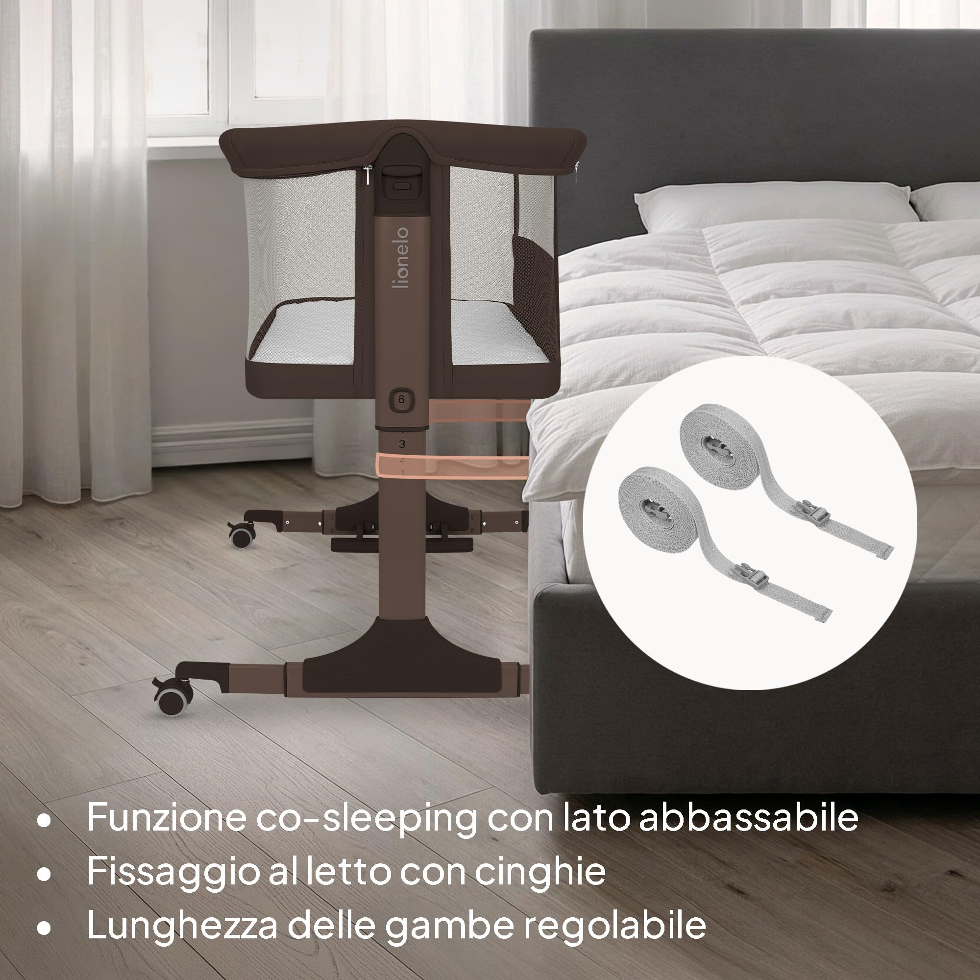 lionelo PARI Culla Co Sleeping Fianco Letto 3 in 1, Regolabile in Altezza 6 Livelli, Materasso T25 2 cm, Ruote con Blocco e Dondolo, Gambe Regolabili per Letto Continentale, Rivestimento Lavabile - 4
