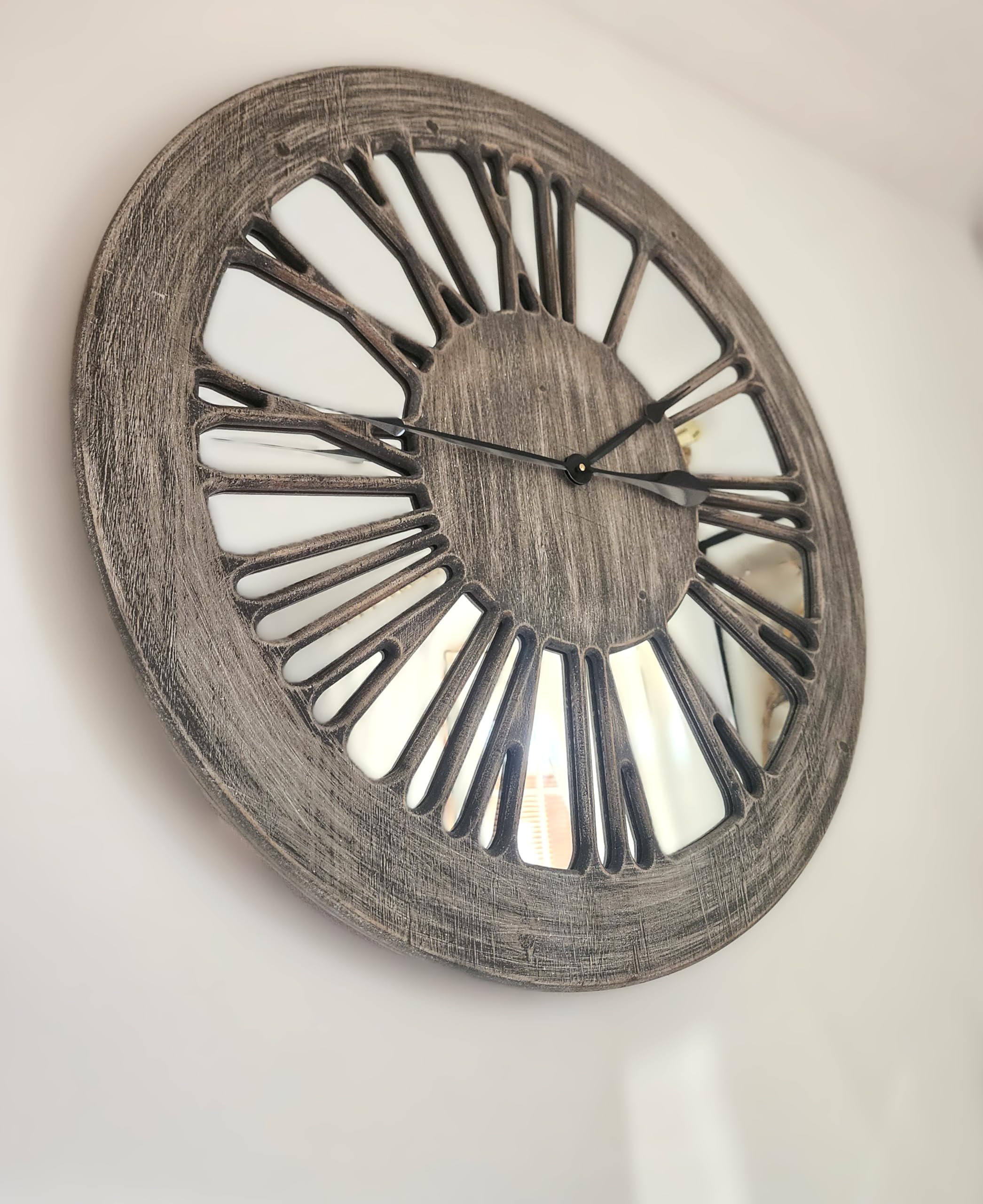 Wooden Mirror Wall Clock - XL 80cm Extra Large Skeleton Wall Clock - Wooden Wall Clock with Mirror - Roman Numerals Large for Living Room Wall - Wall Art - Contemporary Wall Clock - Silent Clock