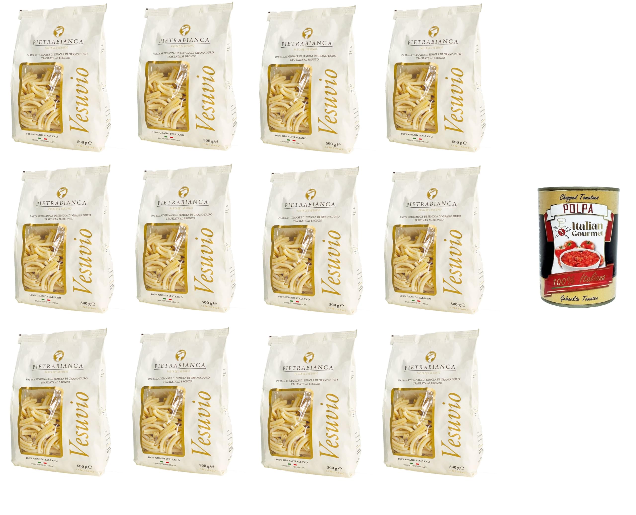 Pietrabianca, Pasta di Semola Artigianale trafilata al bronzo, hecha a mano, de bronce, pasta de sémola "Casarecce", 12 x 500 g + Polpa italiana Gourmet 400 g