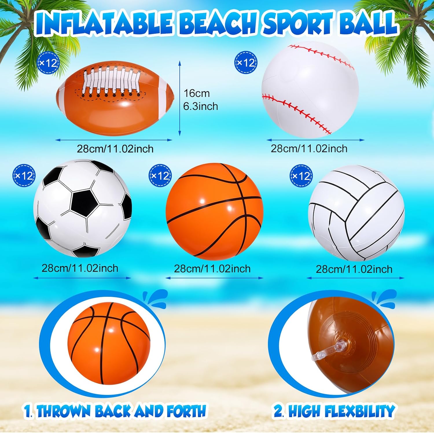 Sosation 15 Inch Inflatable Sport Balls 5 Styles Sport Beach Balls Swimming Pool PVC Ball Bulk Blow up Sports Party Decorations for Family Outdoor Beach Pool Water Sports(60 Pieces)